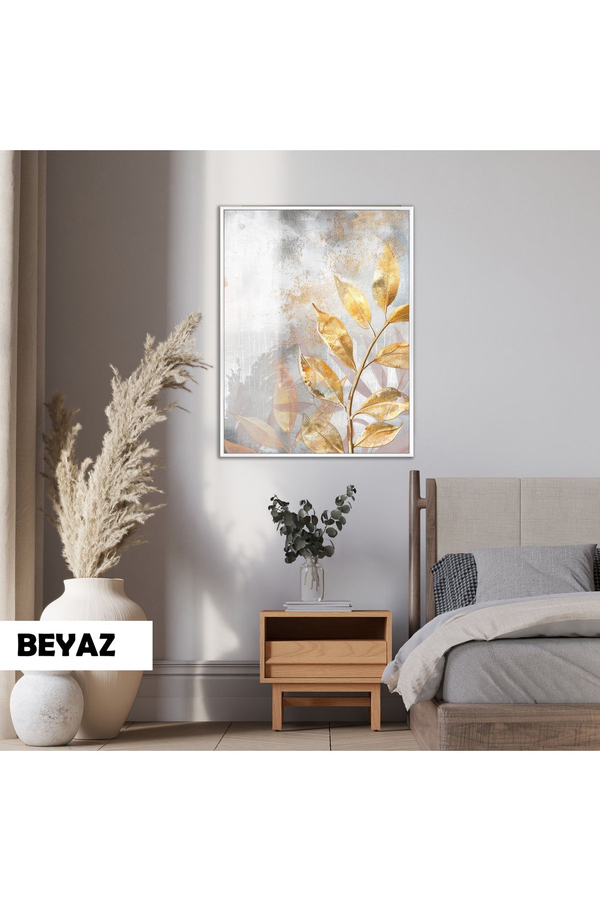 Harikabirev HARİKABİREV|02 GRİ-GOLD MODERN YAPRAK MODELİ |ÇERÇEVELİ TEMPERLİ CAM TABLO TEKLİ DİKEY