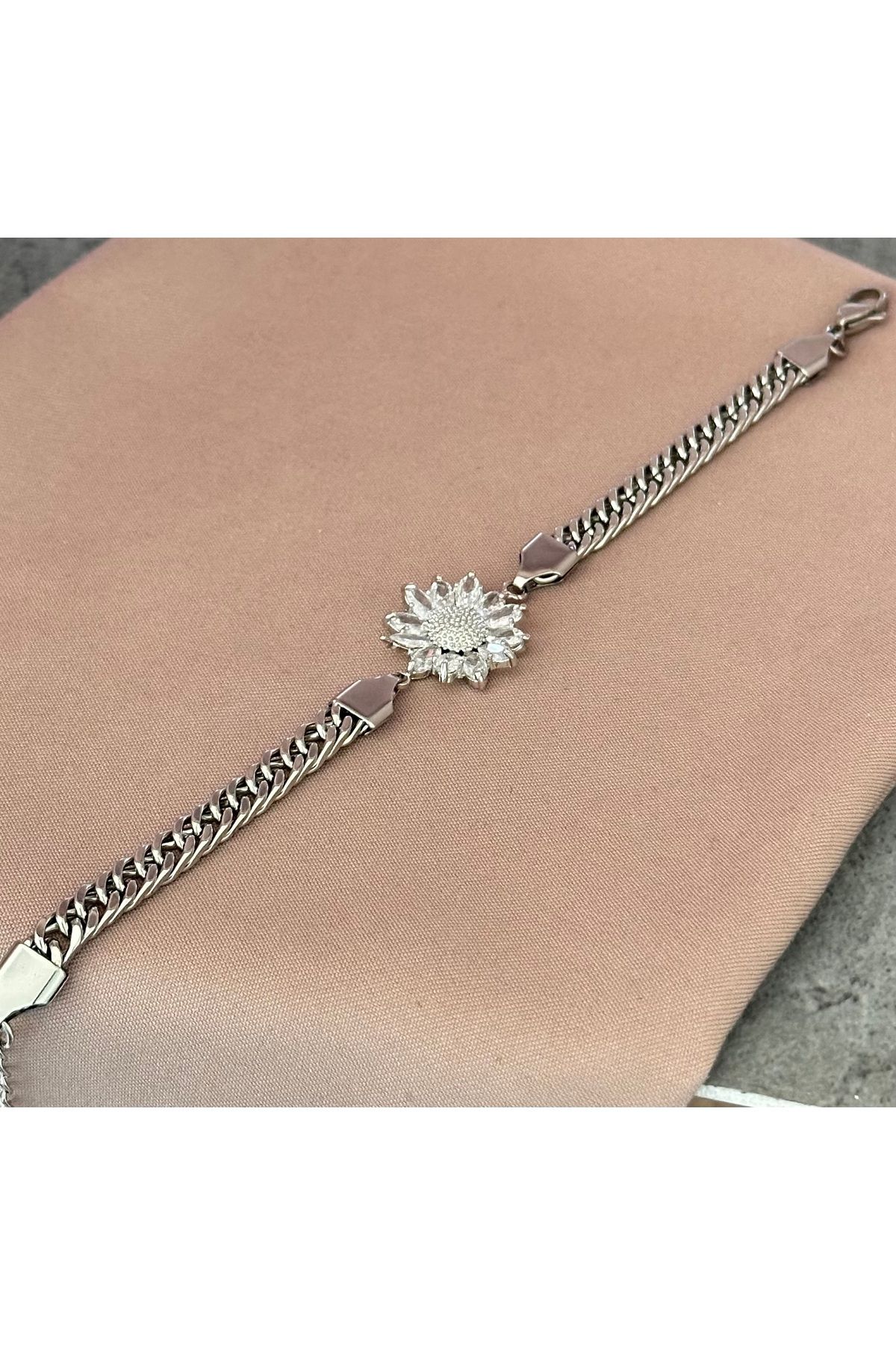 lolajewelry luxury style zirkon taşlı ezme zincirli papatya çelik bileklik