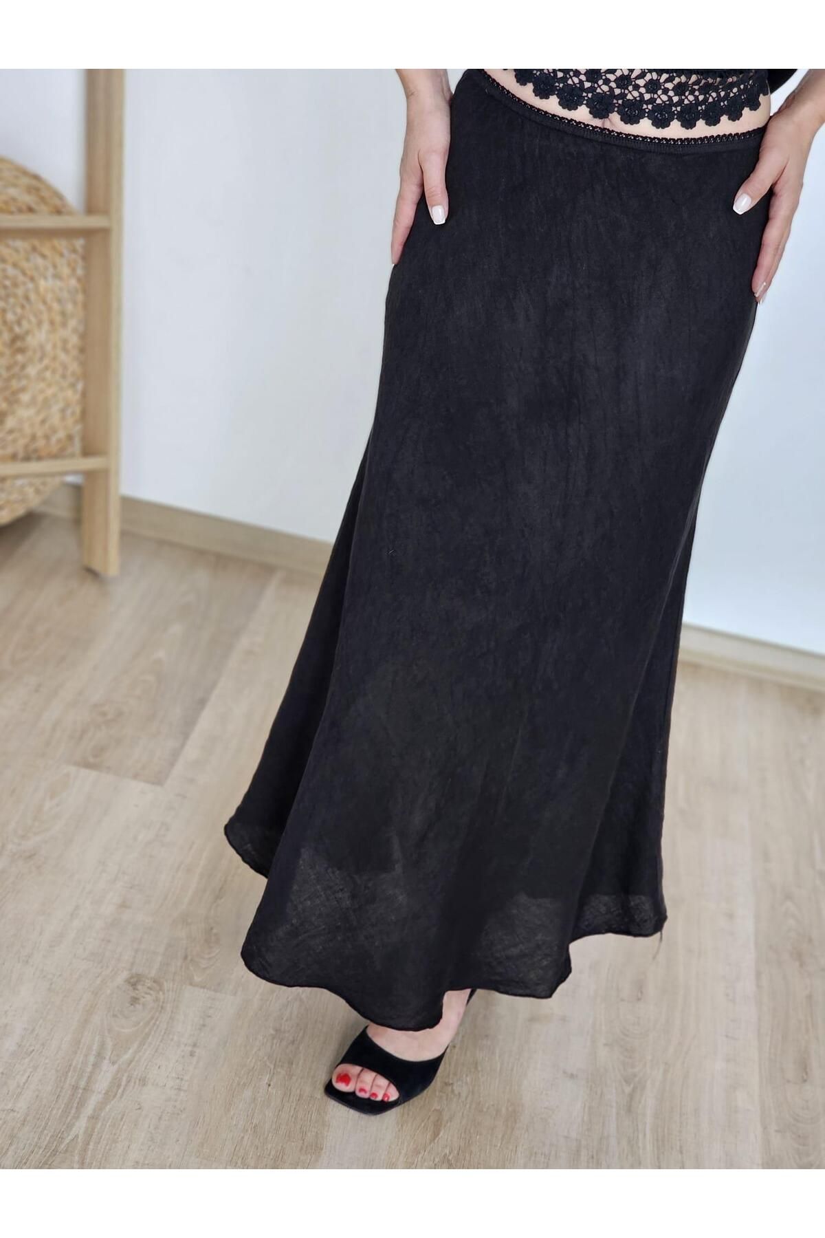Felix Butik FELİX13751 Bel Lastikli İthal Keten Siyah Etek