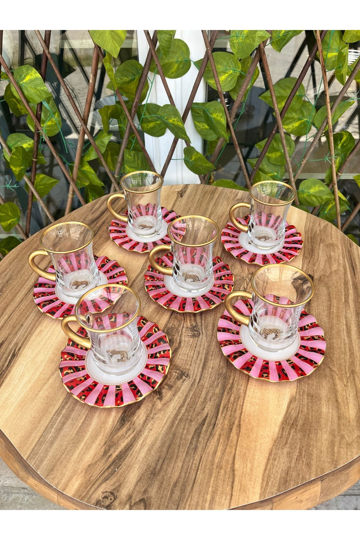 GÜRCÜGLASS Pembe leopar çay seti 12 prç kulplu