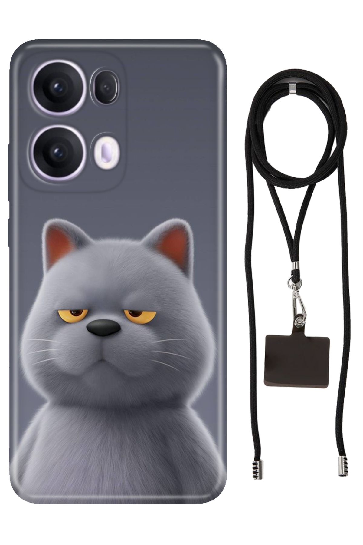 OPPO Reno 13 Pro Oppo Kılıf Silikon Uykulu Kedi İpli Boyun Askısı