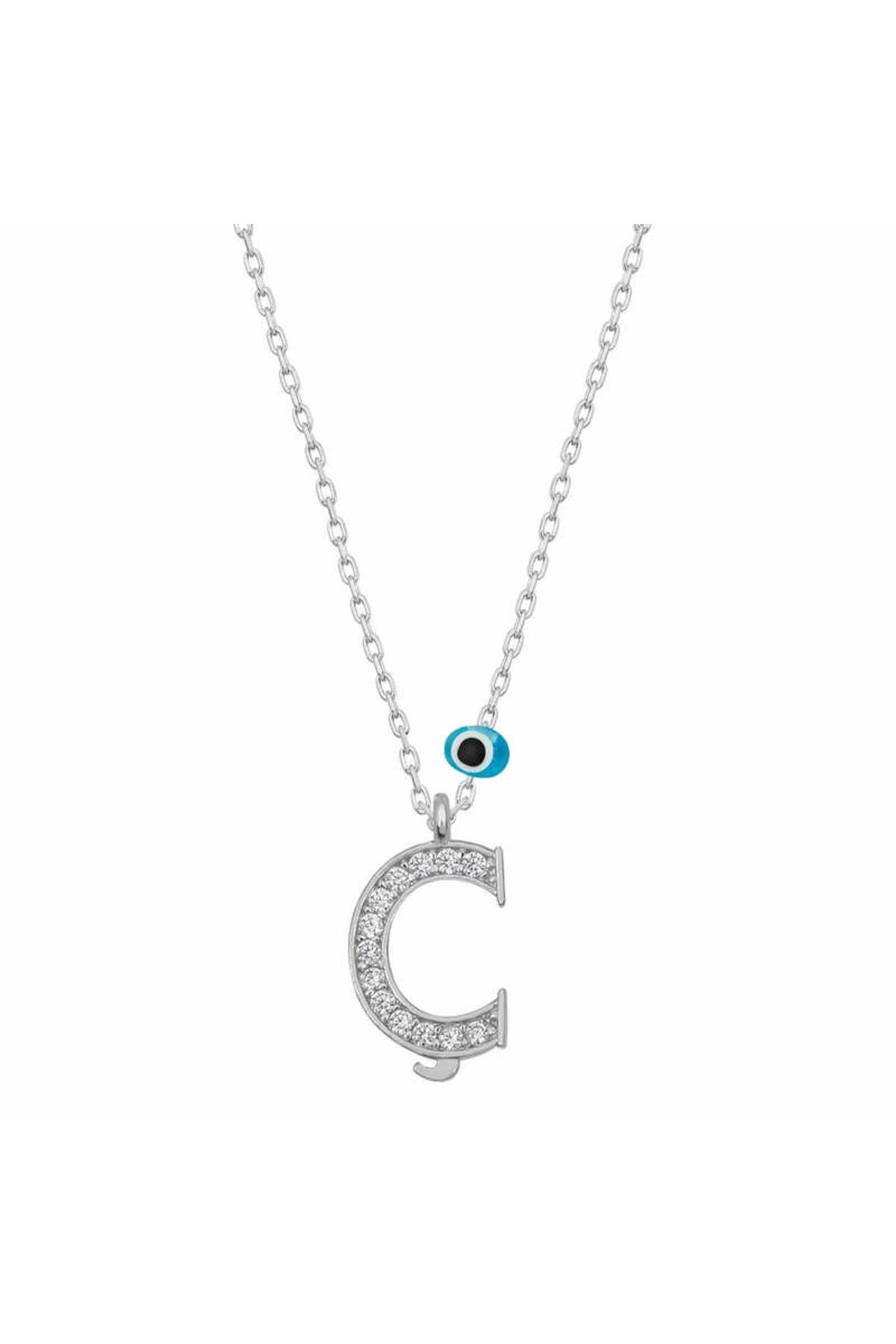 MELFSHOP 925 Ayar Gümüş Nazar Rodyum Ç Harfi Kadın Gümüş Kolye (T6807) (336336)