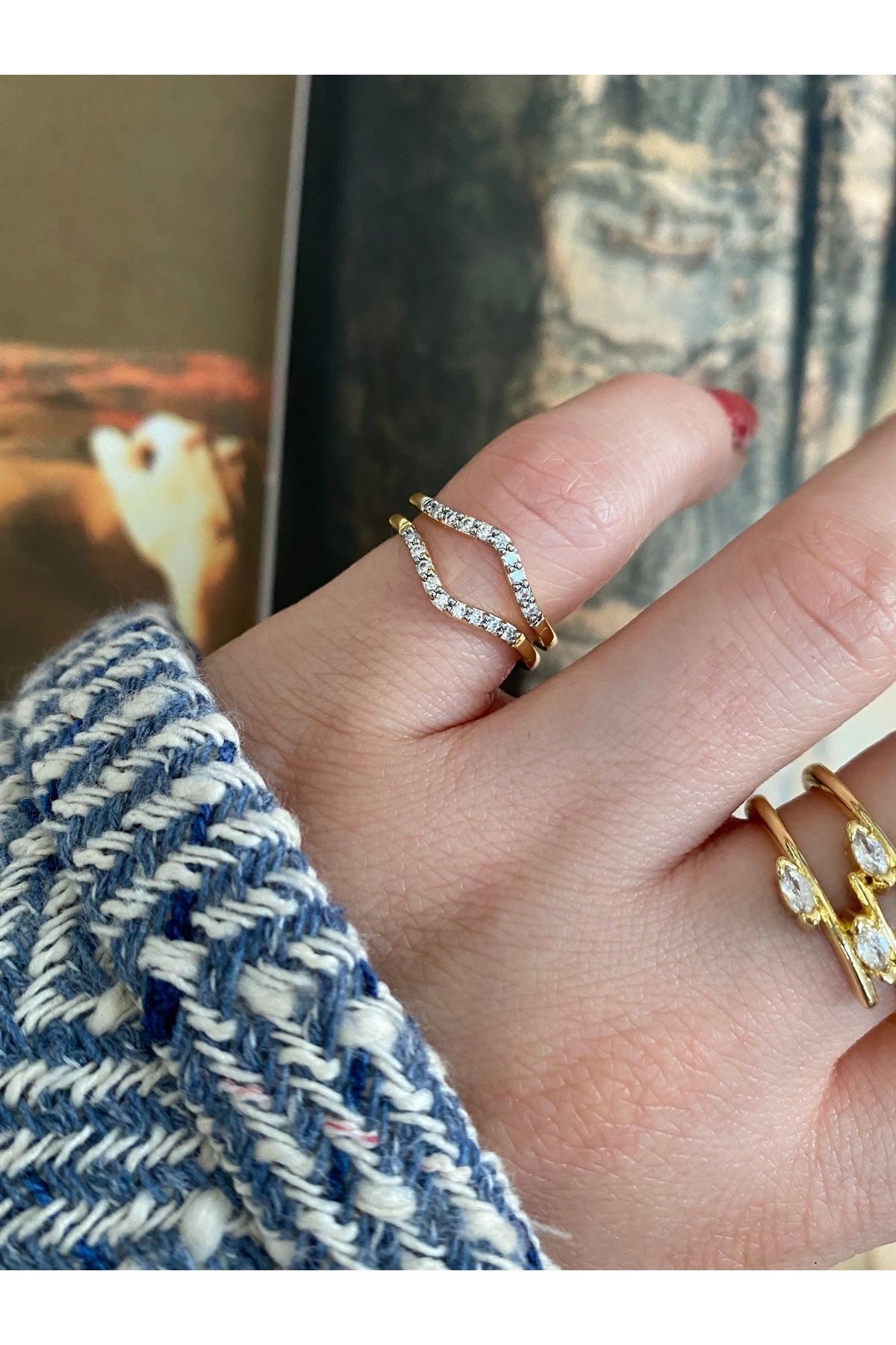 Pinery Jewels Zirkon Taşlı Serçe Parmak Alttan Ayarlamalı Kadın Yüzük