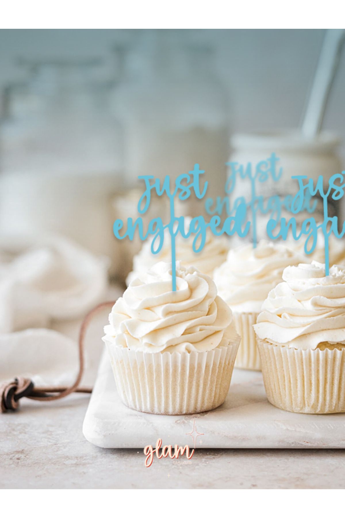 GLAM DEKORASYON Mavi Just Engaged 6'lı Modern Minimal Tarz Söz Nişan Cupcake Kek ve Tatlı Süsleri Pasta Kürdanı