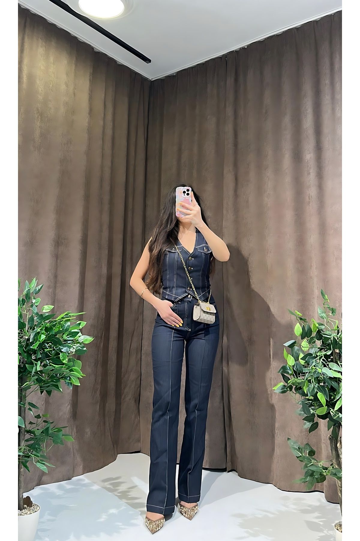 Damla Demli Yelekli Likralı Denim Takım