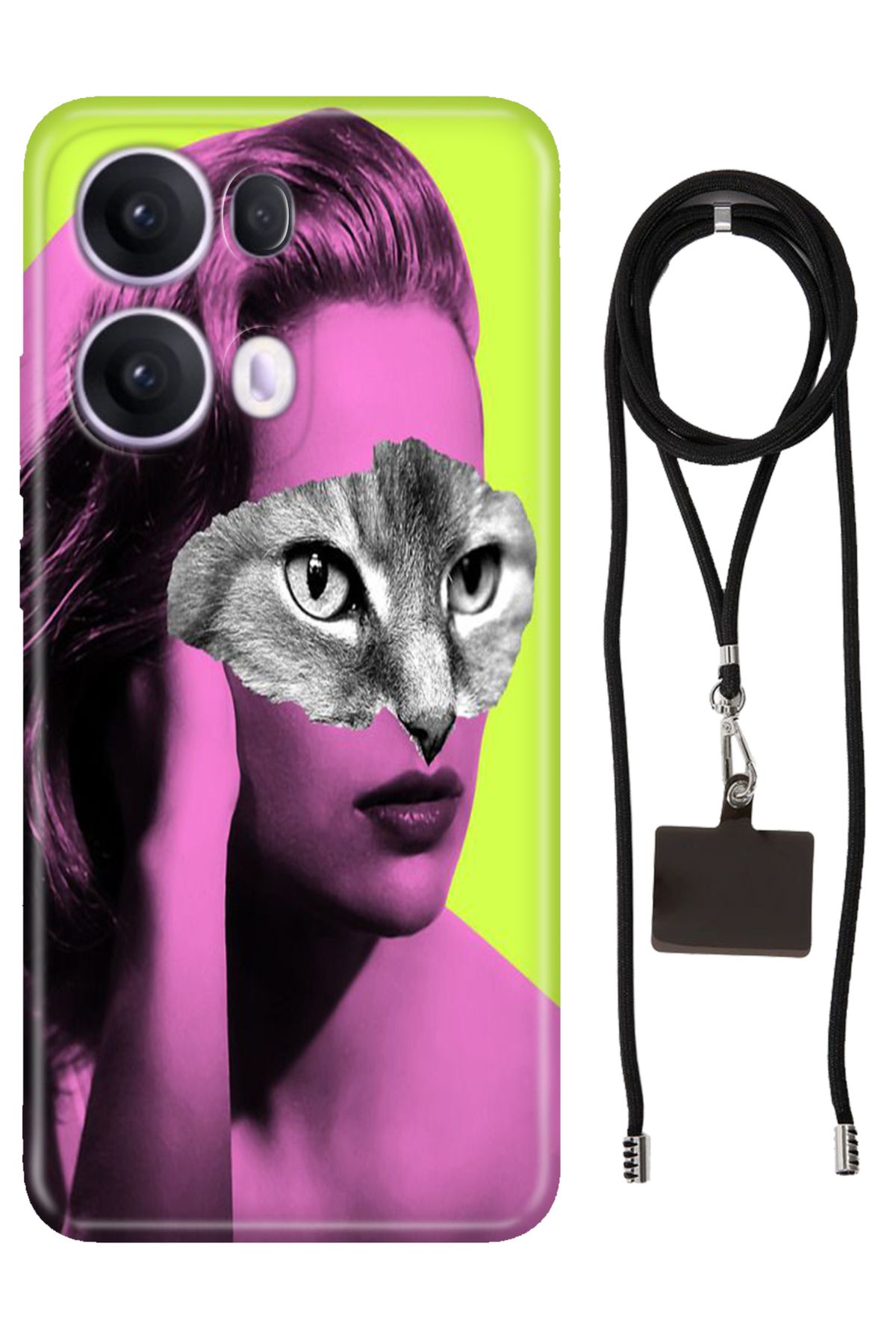 OPPO Reno 13 Pro Oppo Kılıf Silikon Cat Face İpli Boyun Askısı