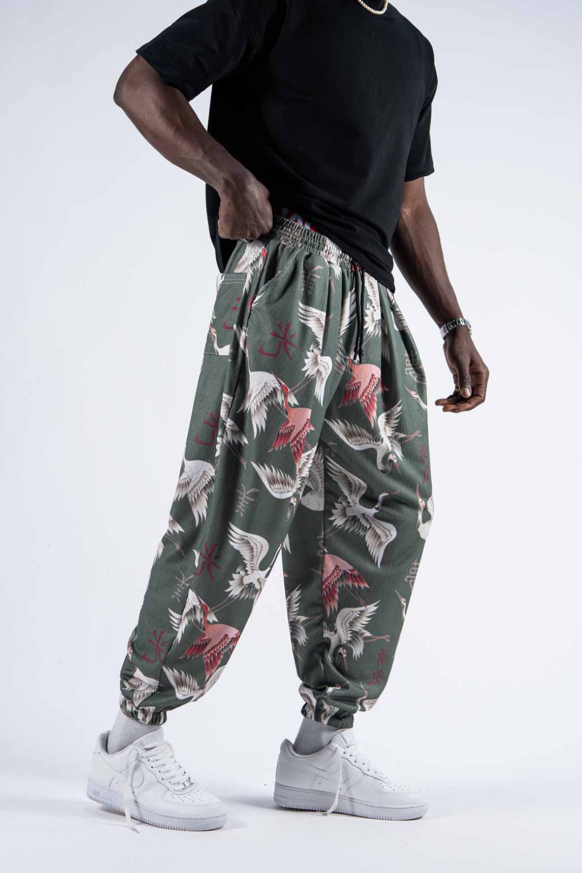 Superbluemexico Erkek Bel Lastikli Bol Yeşil Jogger Pantolon