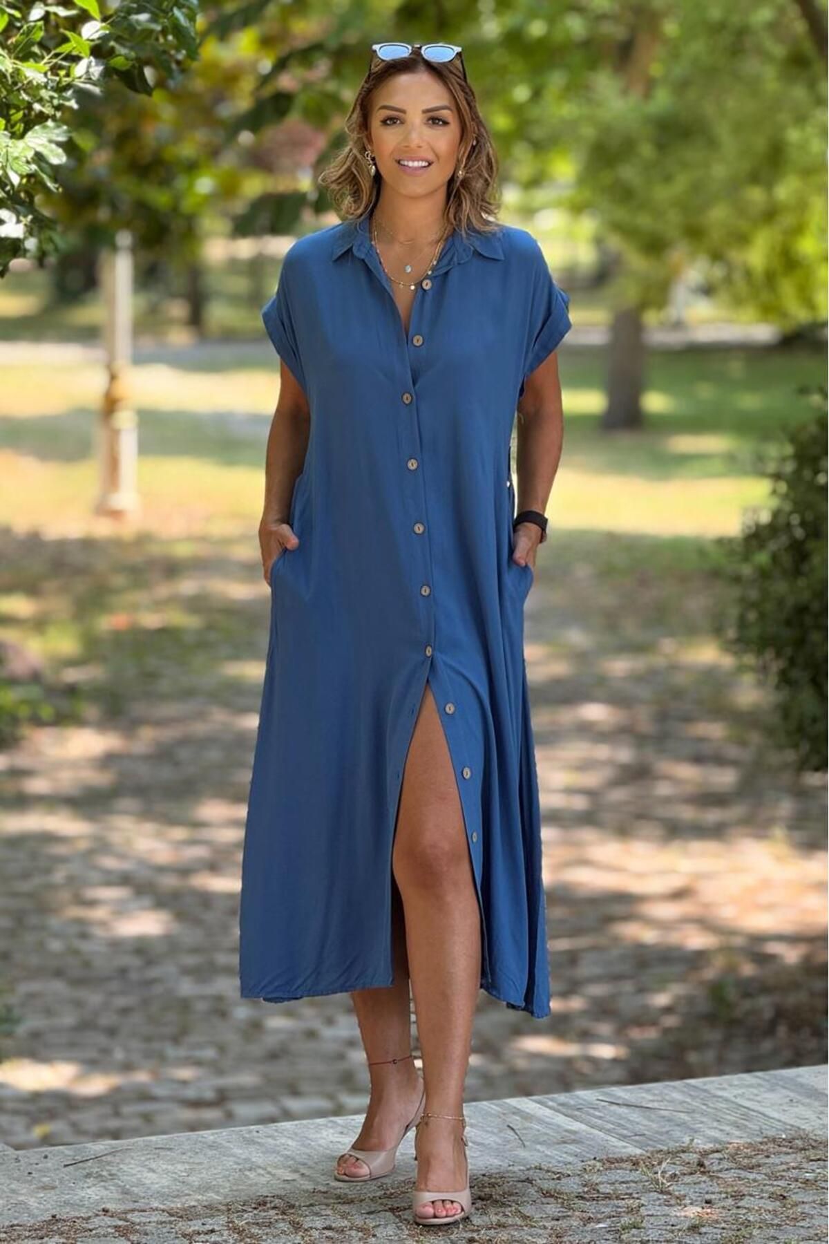 Nevin Kaya Moda Mavi Kemerli Tahta Düğmeli Gömlek Elbise