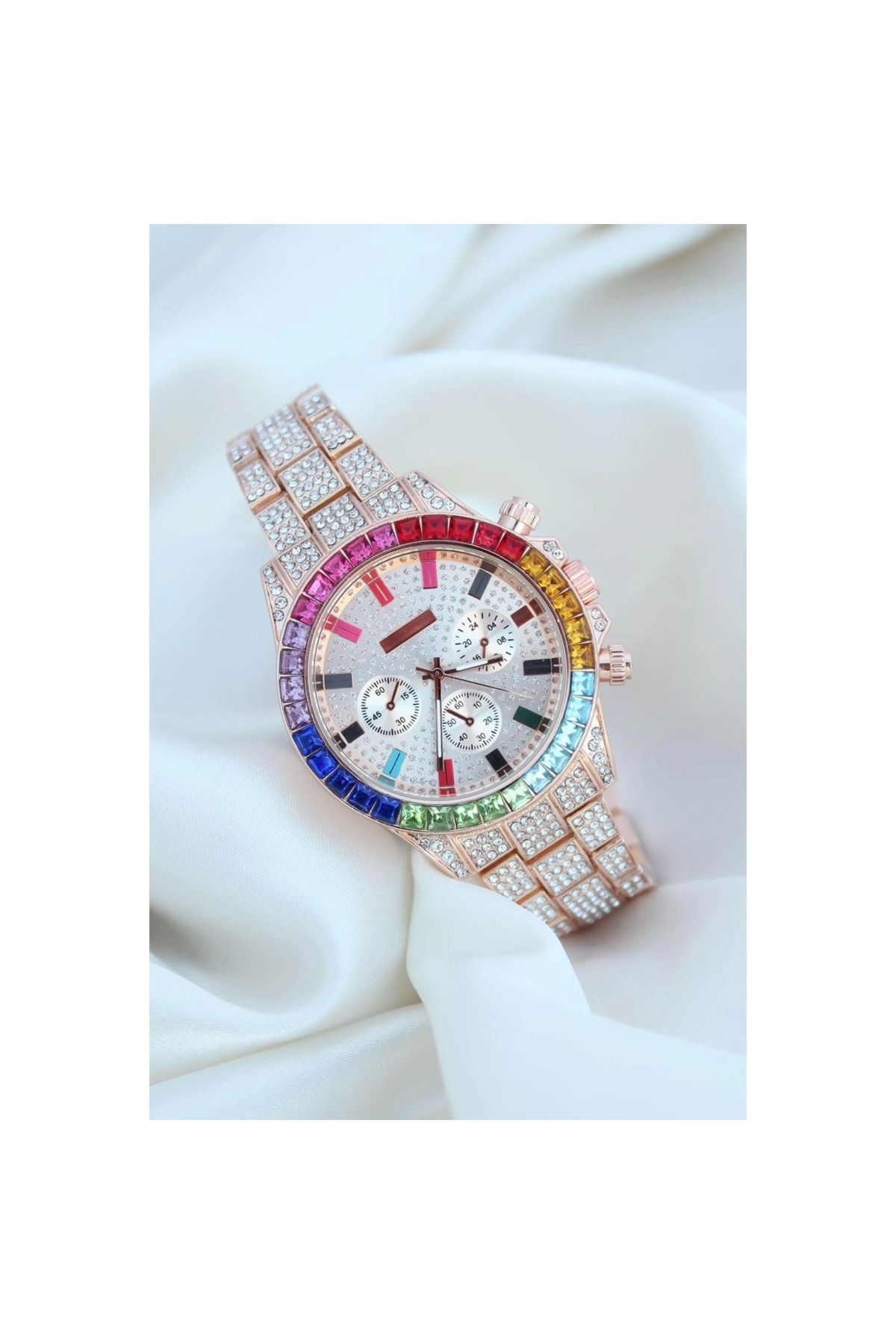 MT29 GİYİM Clariss Trend Rose Metal Kordonlu Zirkon Taş Kaplama Renkli Taşlı Kasa Tasarımlı Lüx Kadın Kol Saati