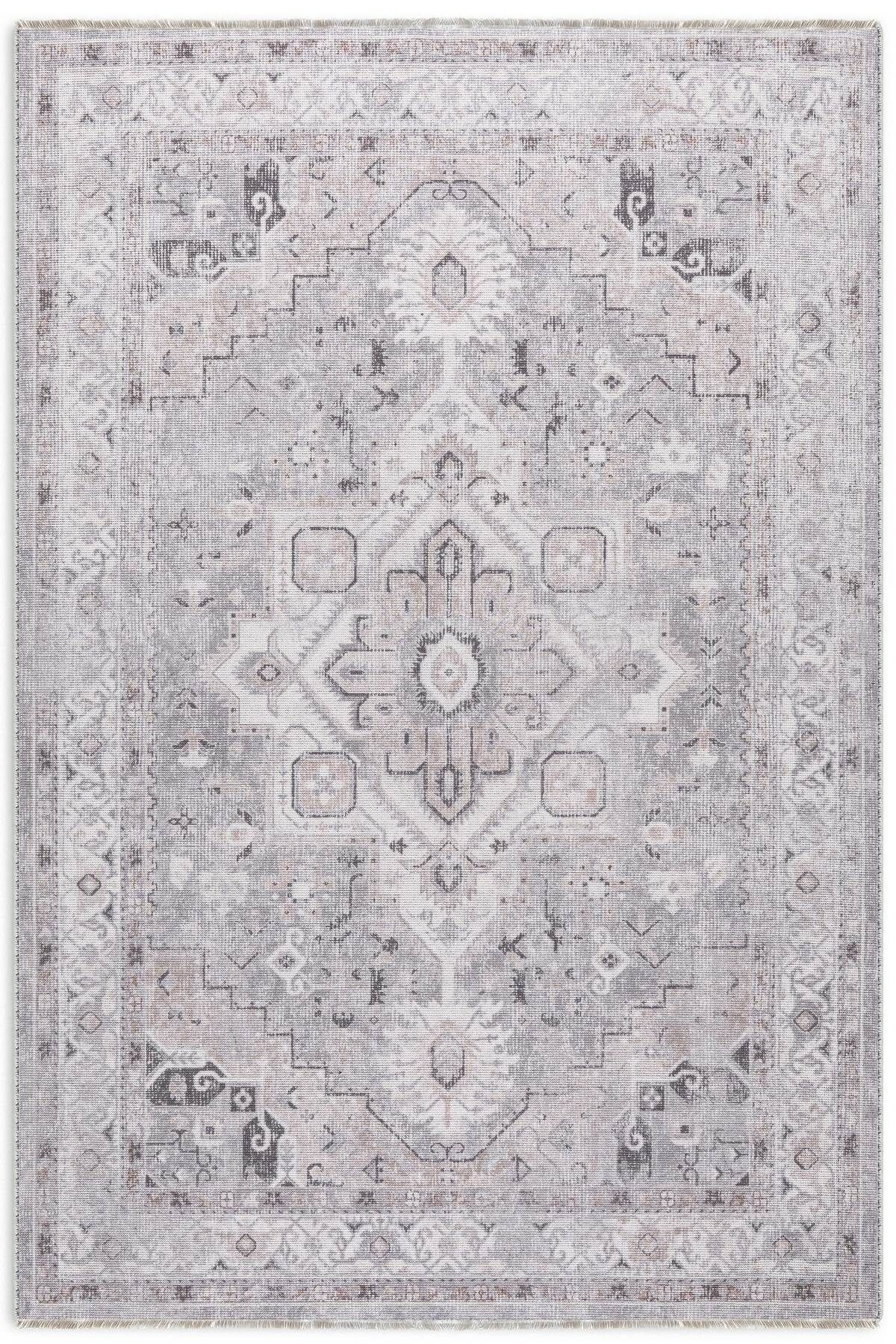 Pastel Home Eskitme gri bej şönil halı kilim yolluk kendinden saçaklı madalyon desen yıkanabilir kaymaz taban