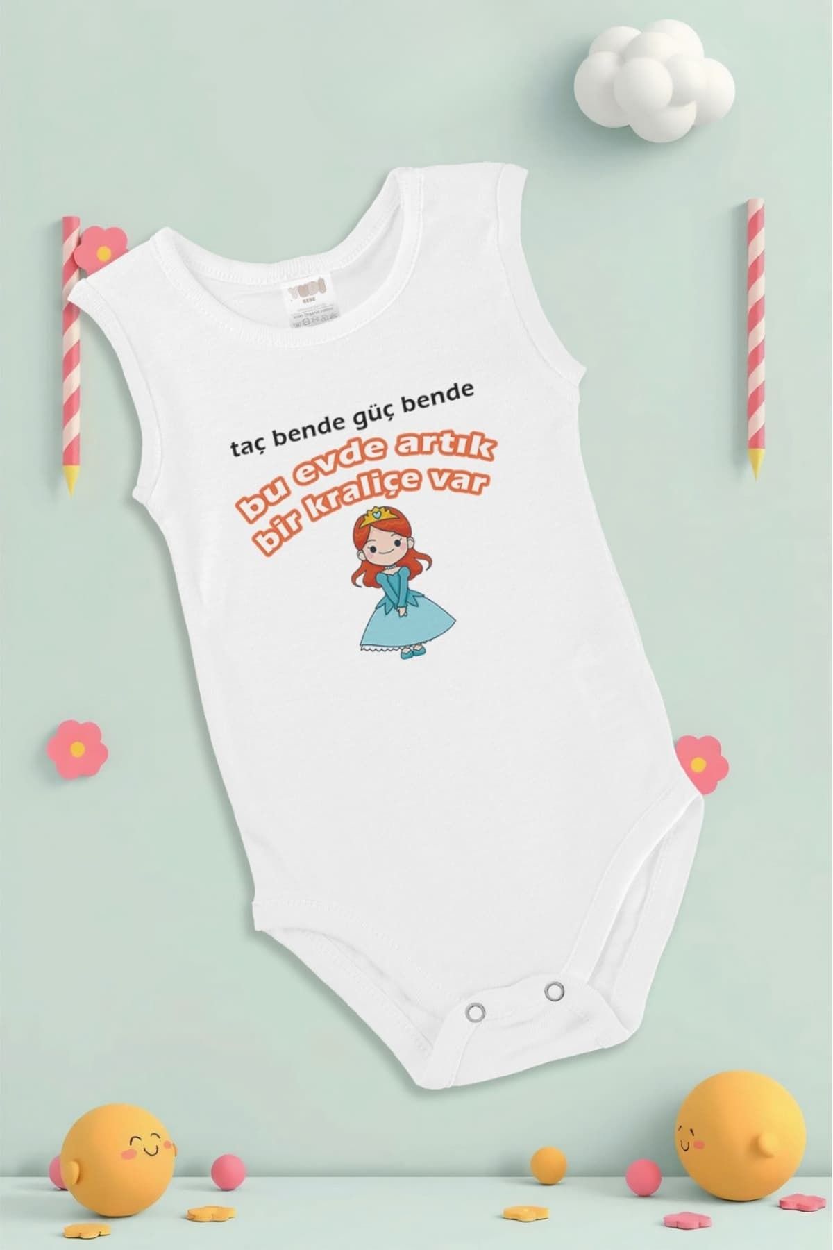 yuga kids Pamuklu Baskılı Beyaz Yenidoğan Zıbın - Kraliçe Baskı