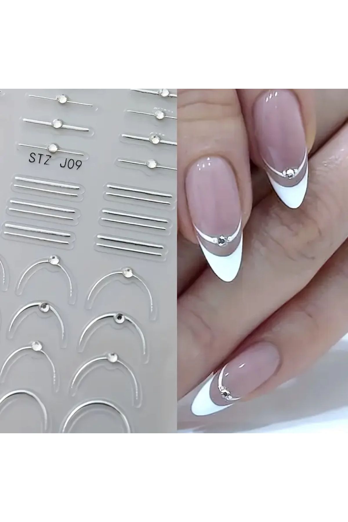 zeinapp Kristal Taşlı Fransız Manikür Tırnak Sticker French Manicure Nail Art Metalik Kendinden Yapışkanlı
