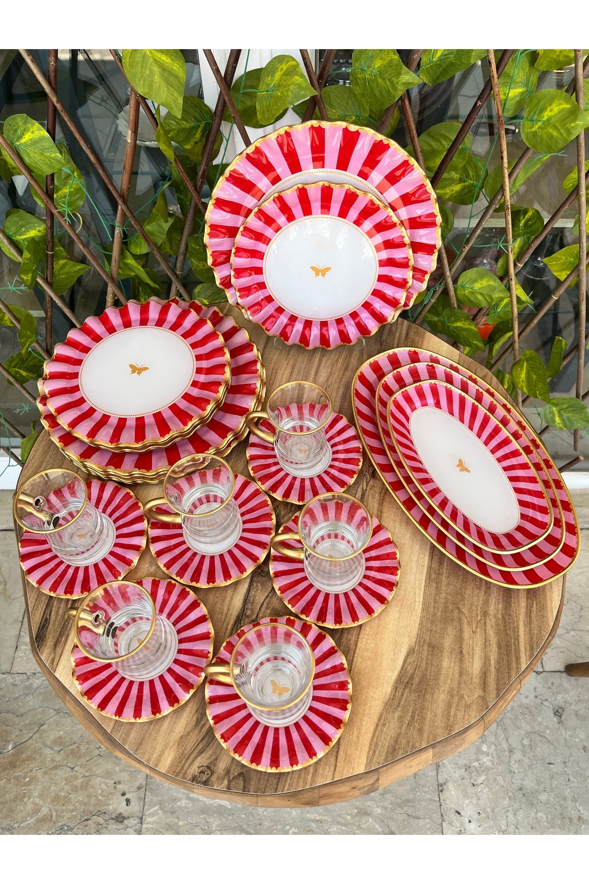 GÜRCÜGLASS-Pink Butterfly 24 Pcs Breakfast Set with Handles 4
