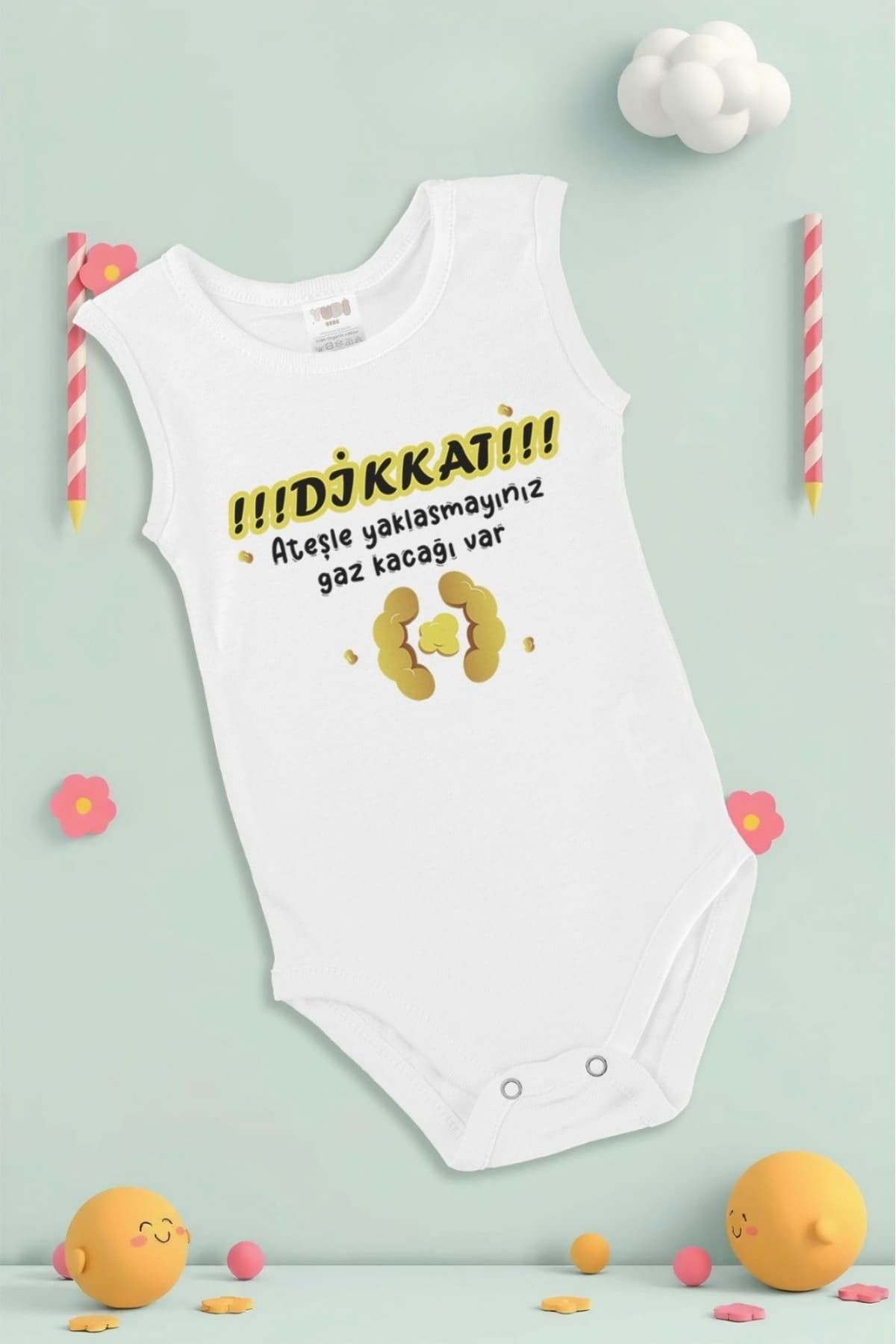 yuga kids Pamuklu Baskılı Beyaz Yenidoğan Zıbın - Dikkat Yazı Baskı