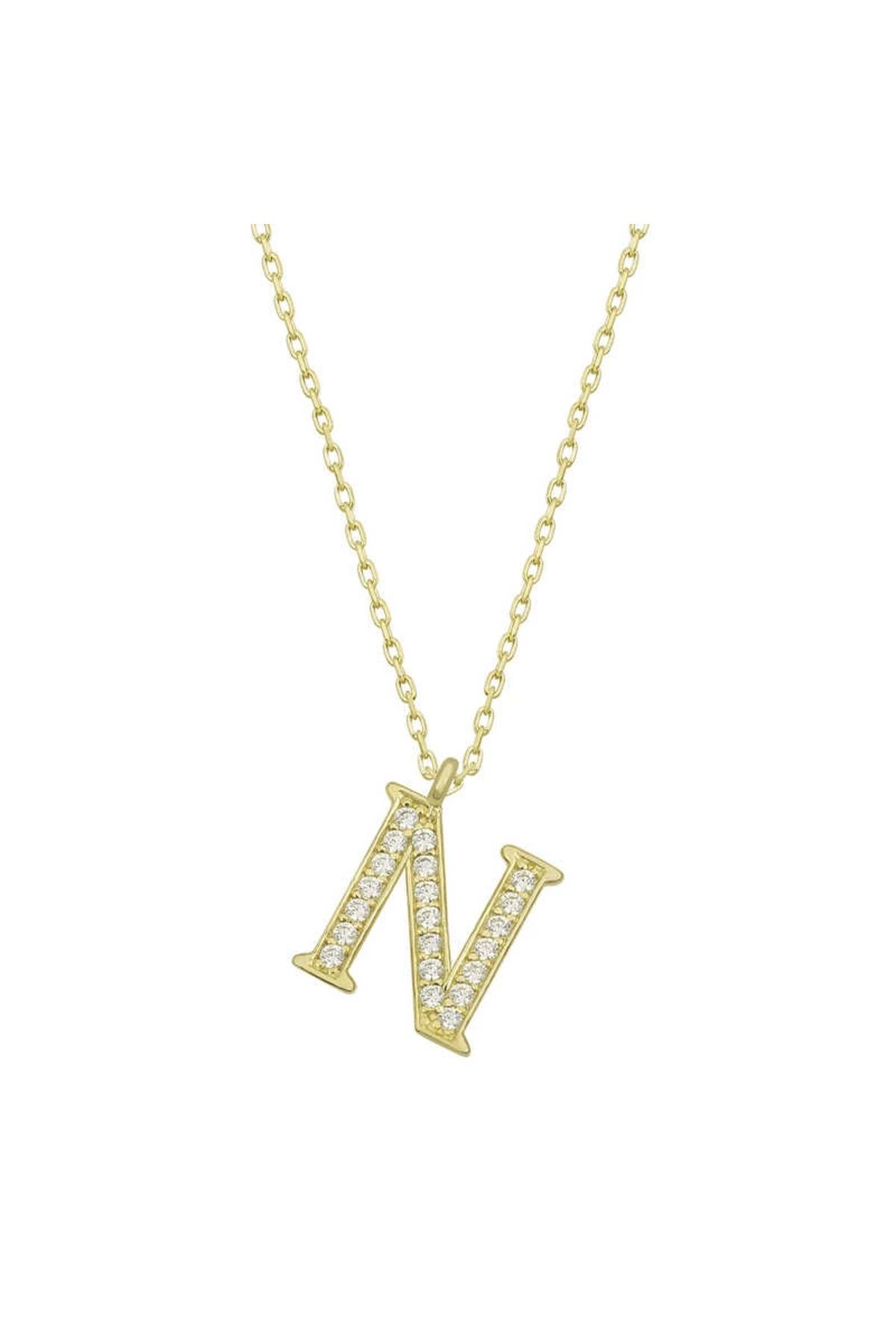 gizmurstore 925 Ayar Gümüş Gold N Harfi Kadın Gümüş Kolye (T6621) (336336)