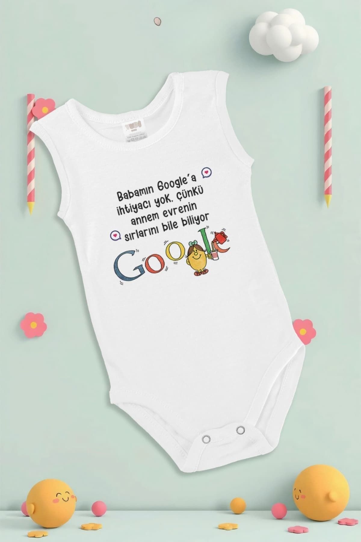 yuga kids Pamuklu Baskılı Beyaz Yenidoğan Zıbın - Google Baskı