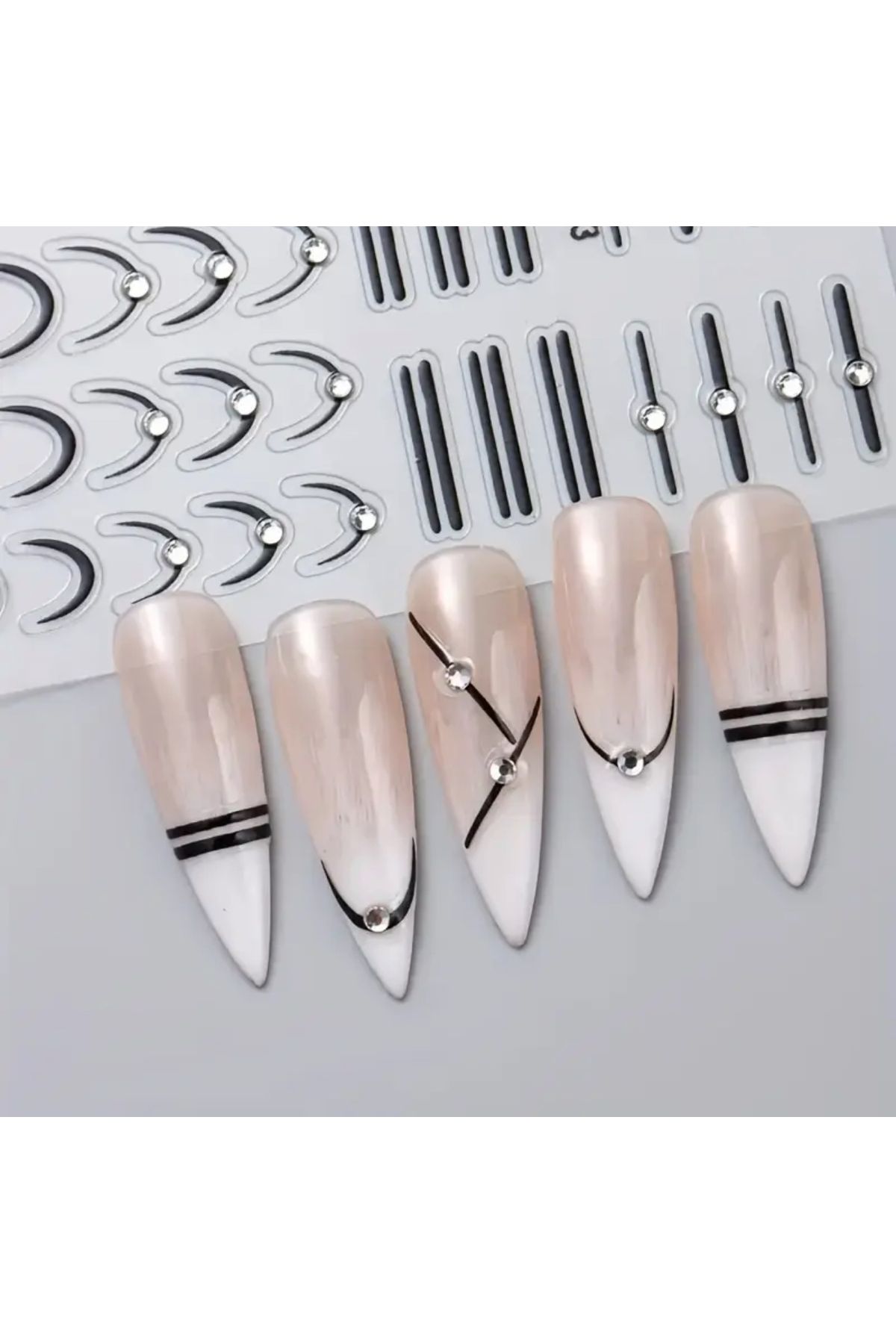 zeinapp Kristal Taşlı Fransız Manikür Tırnak Sticker French Manicure Nail Art Metalik Kendinden Yapışkanlı