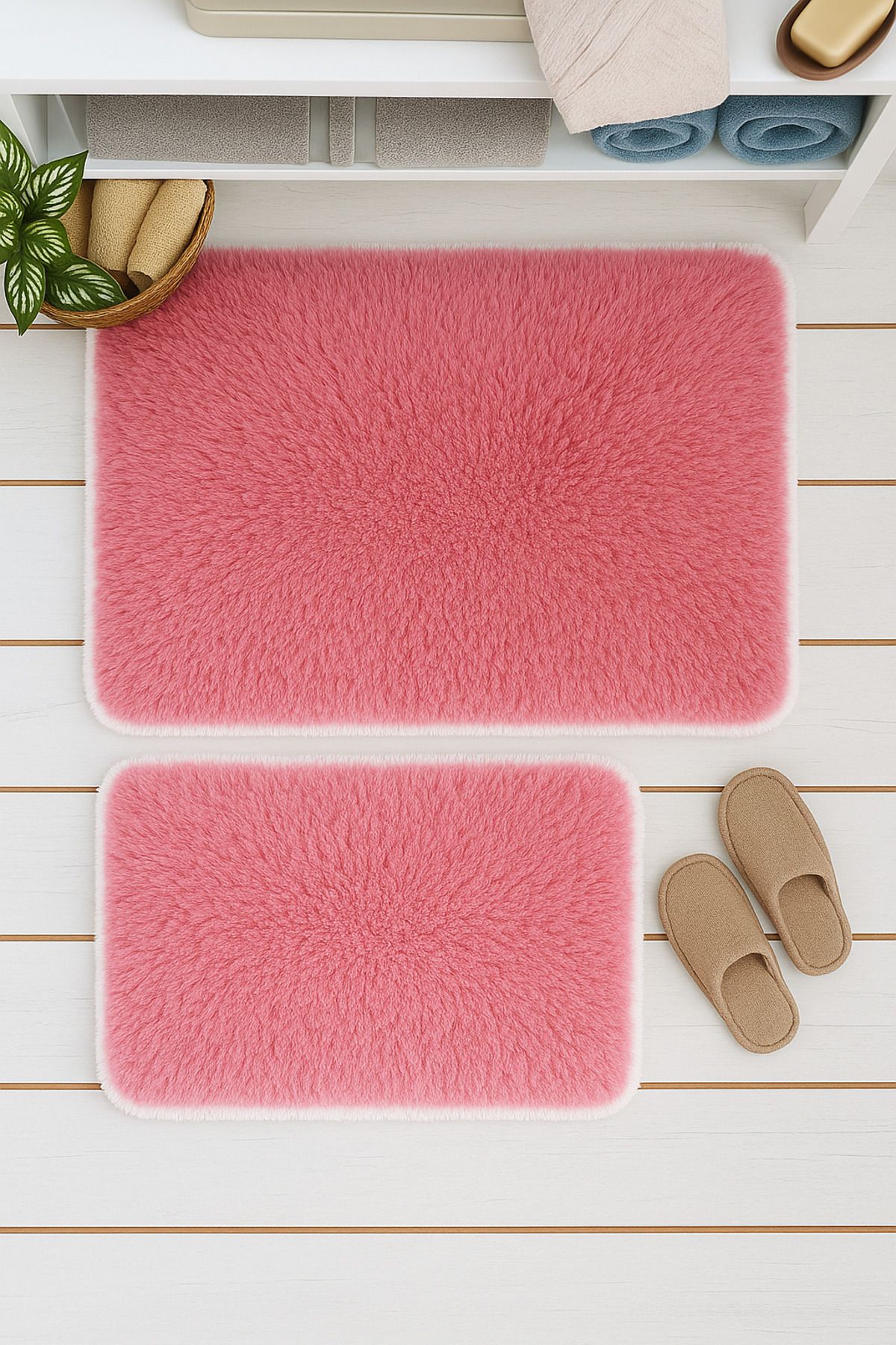 Carpetella Yumuşak Peluş Banyo Halısı 50x60 - 60x90cm Kaymaz Tabanlı Su Emici Banyo Paspas Seti