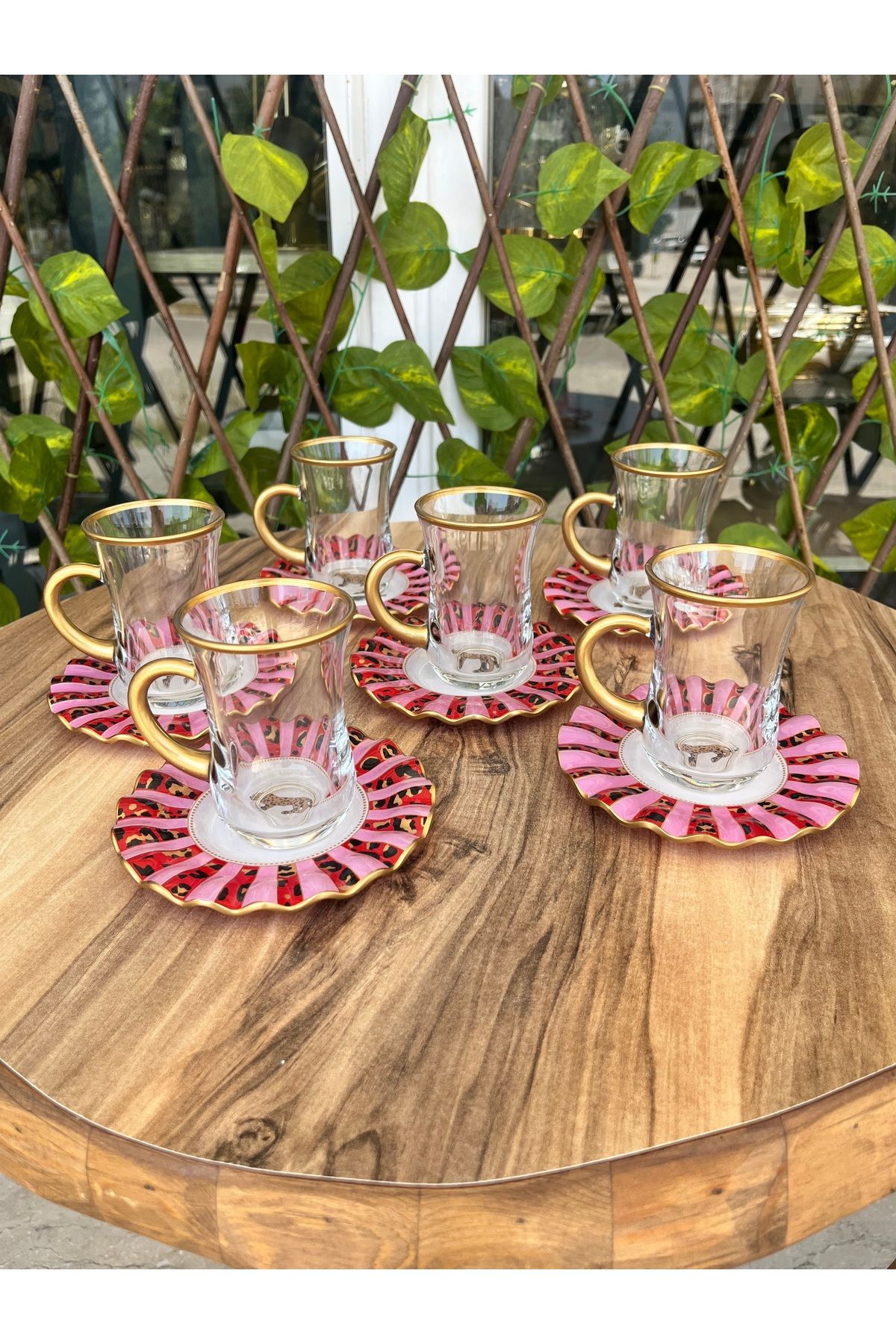 GÜRCÜGLASS-Pink Leopard Tea Set 12 Pcs with Handles 2