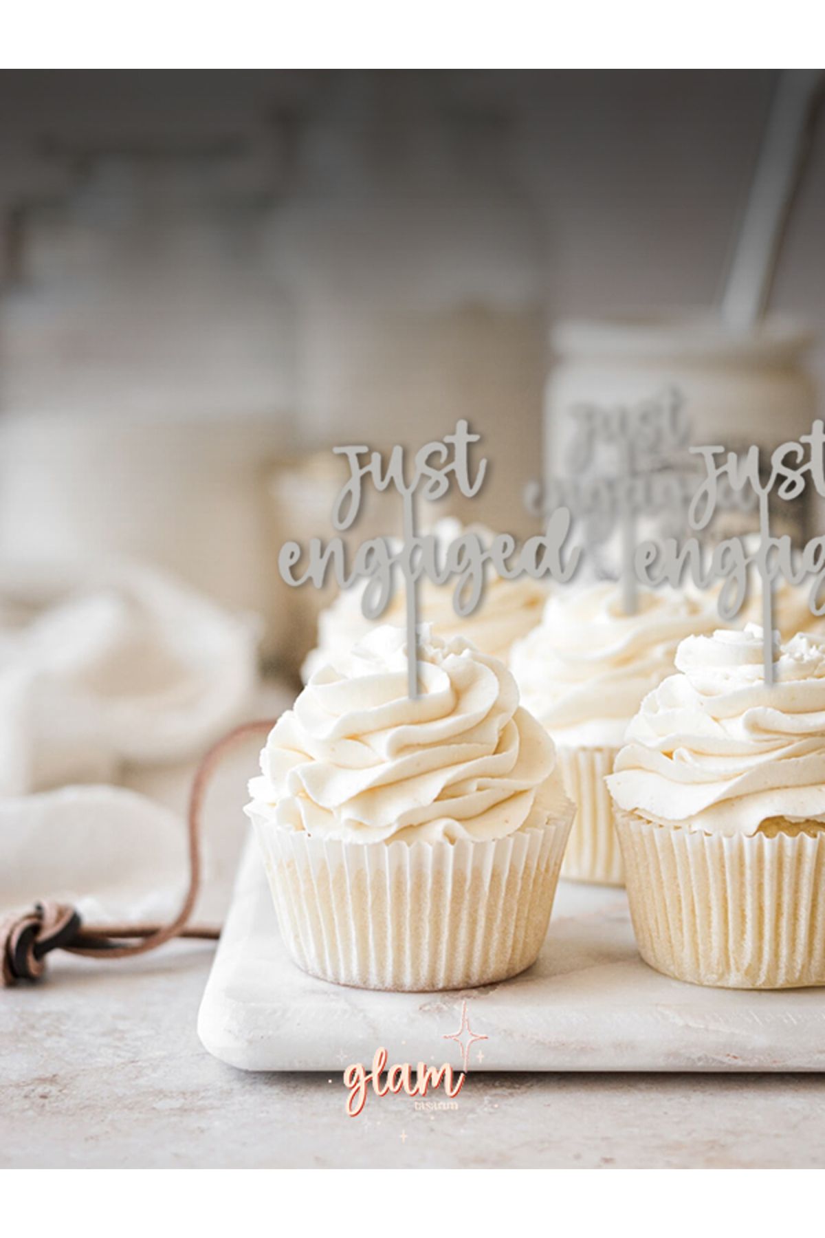 GLAM DEKORASYON Gri Just Engaged 6'lı Modern Minimal Tarz Söz Nişan Cupcake Kek ve Tatlı Süsleri Pasta Kürdanı