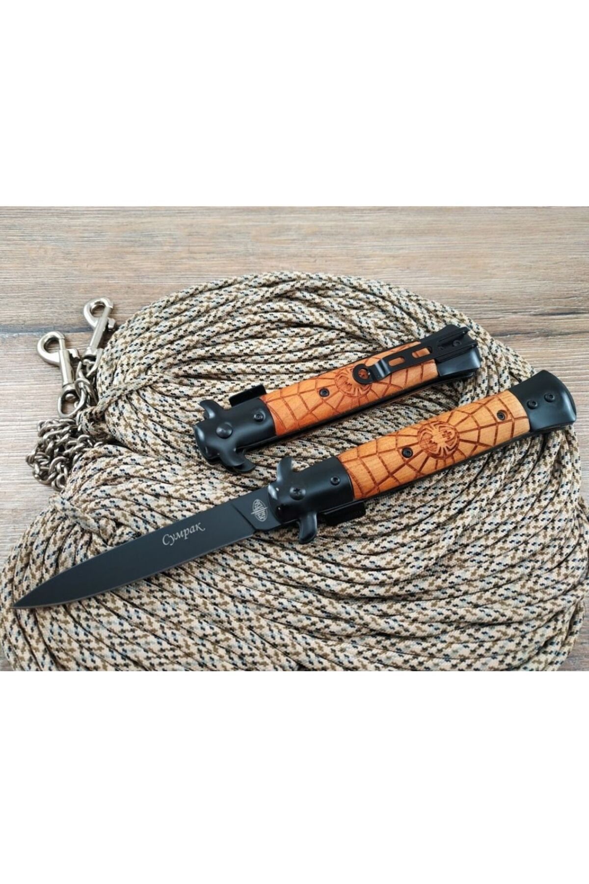 Hediye Vakti Kişiye Özel Scorpion Tasarımlı Ahşap Saplı Kamp Outdoor Cep Çakısı
