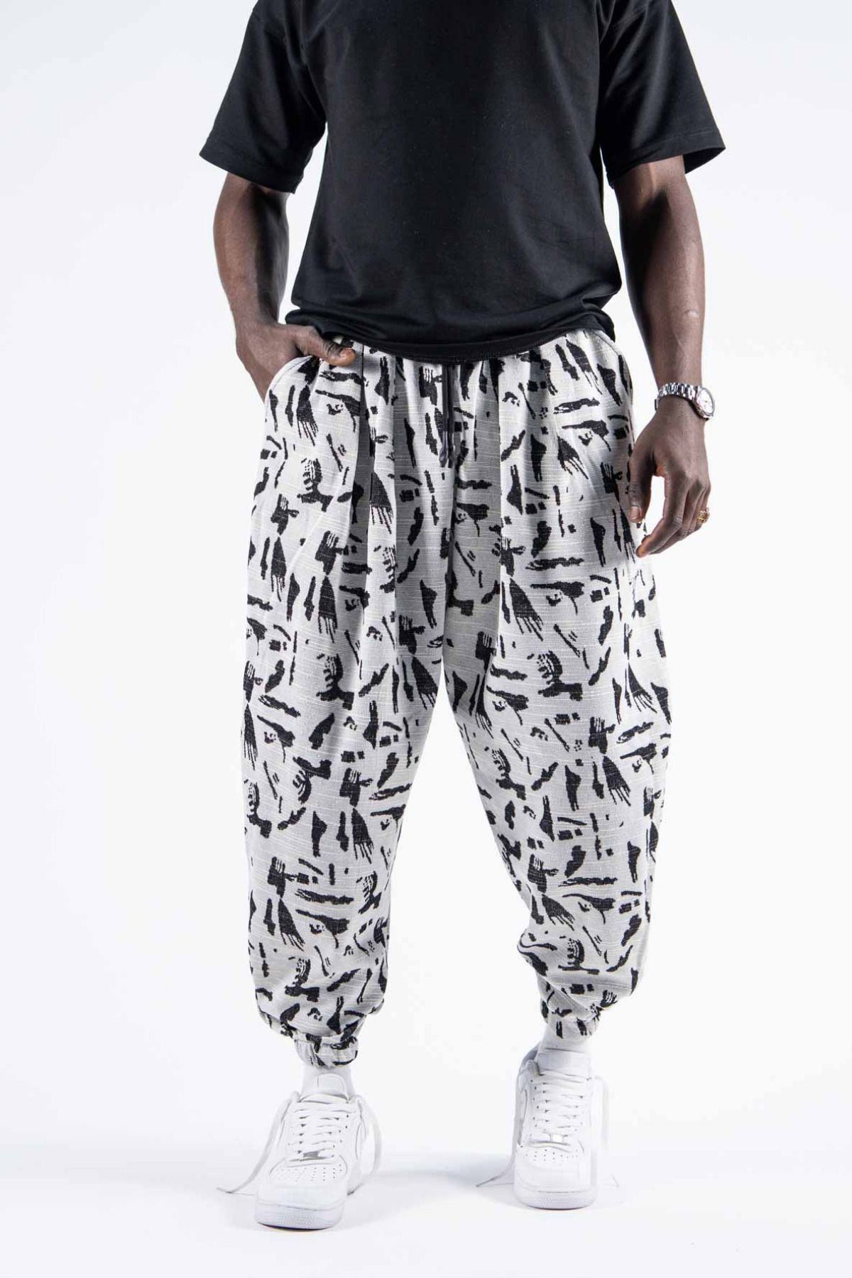 Superbluemexico Erkek Baggy Jogger Beyaz Bol Şalvar Pantolon