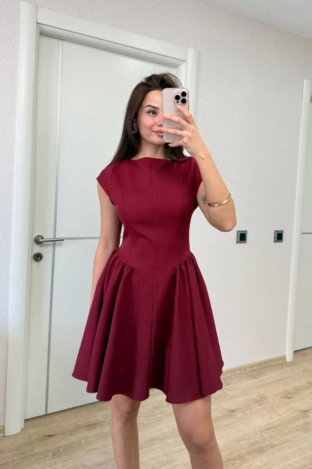MODA CS Sırt dekolteli Çan Detaylı Mini Elbise - Bordo