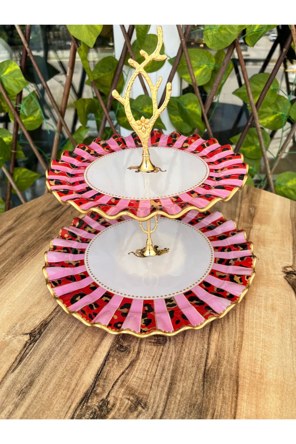 GÜRCÜGLASS Pembe leopar iki katlı şekerlik