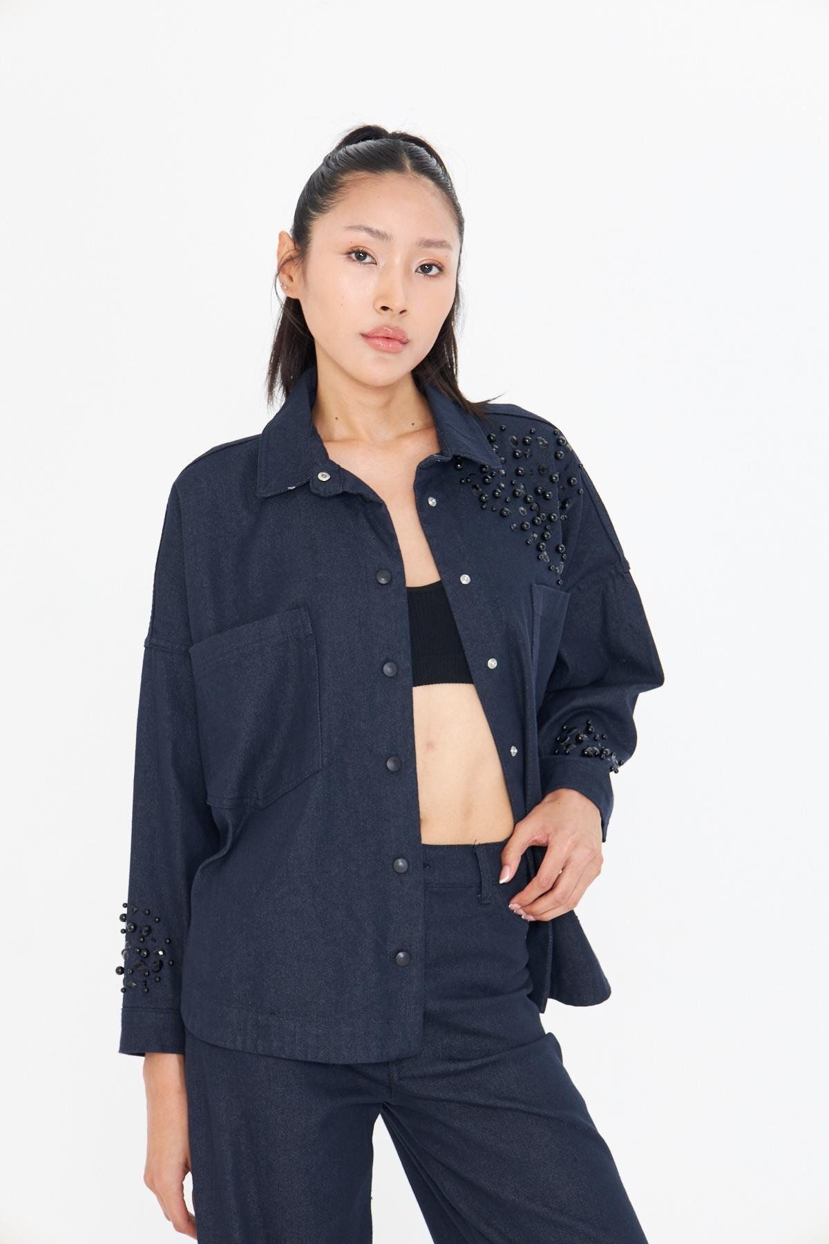 TIFFANY&TOMATO Kolları ve Önü Taşlı Denim Gömlek