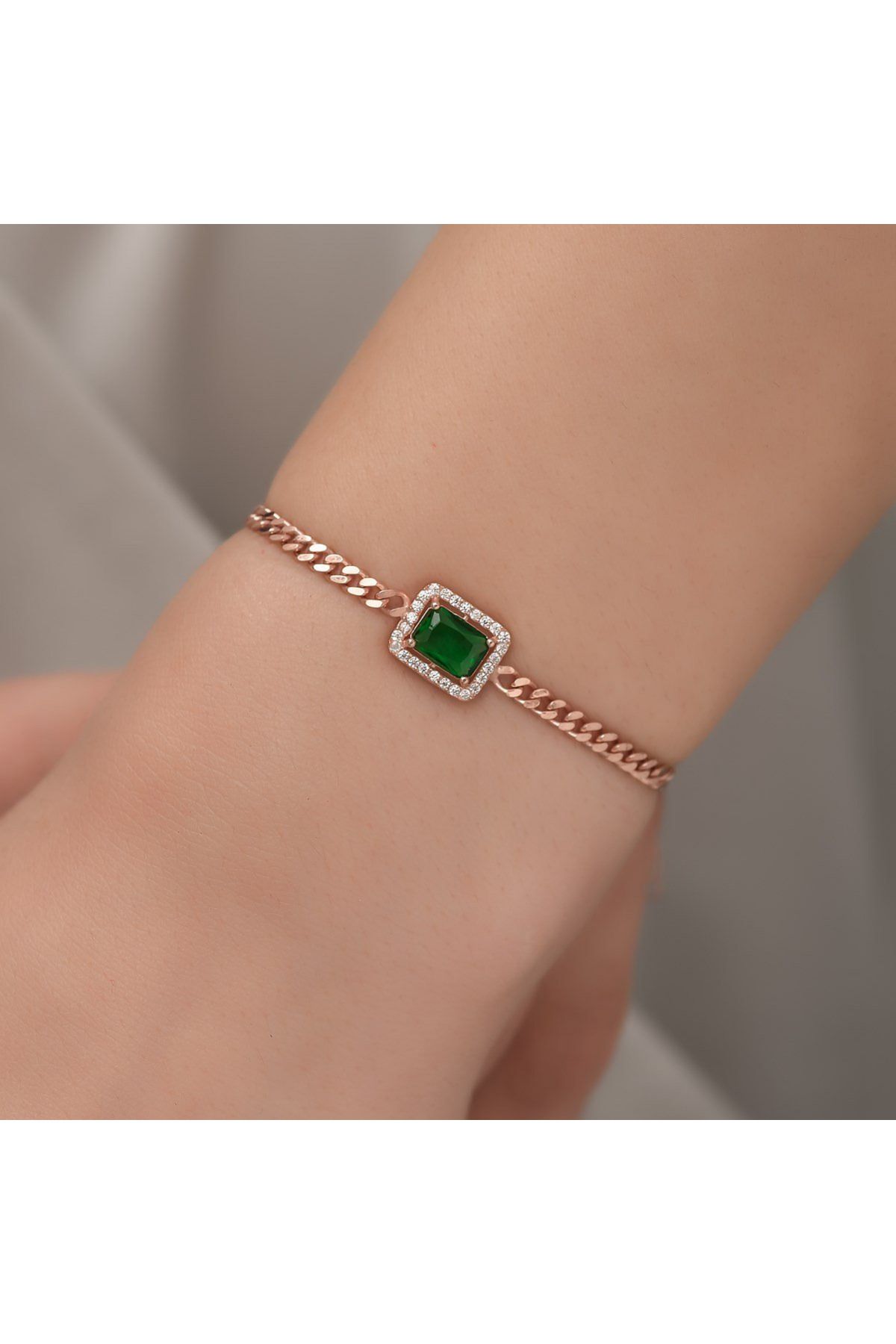 ShinyTakı Yeşil Taşlı Gurmet Zincir Rose 925 Ayar Gümüş Bileklik