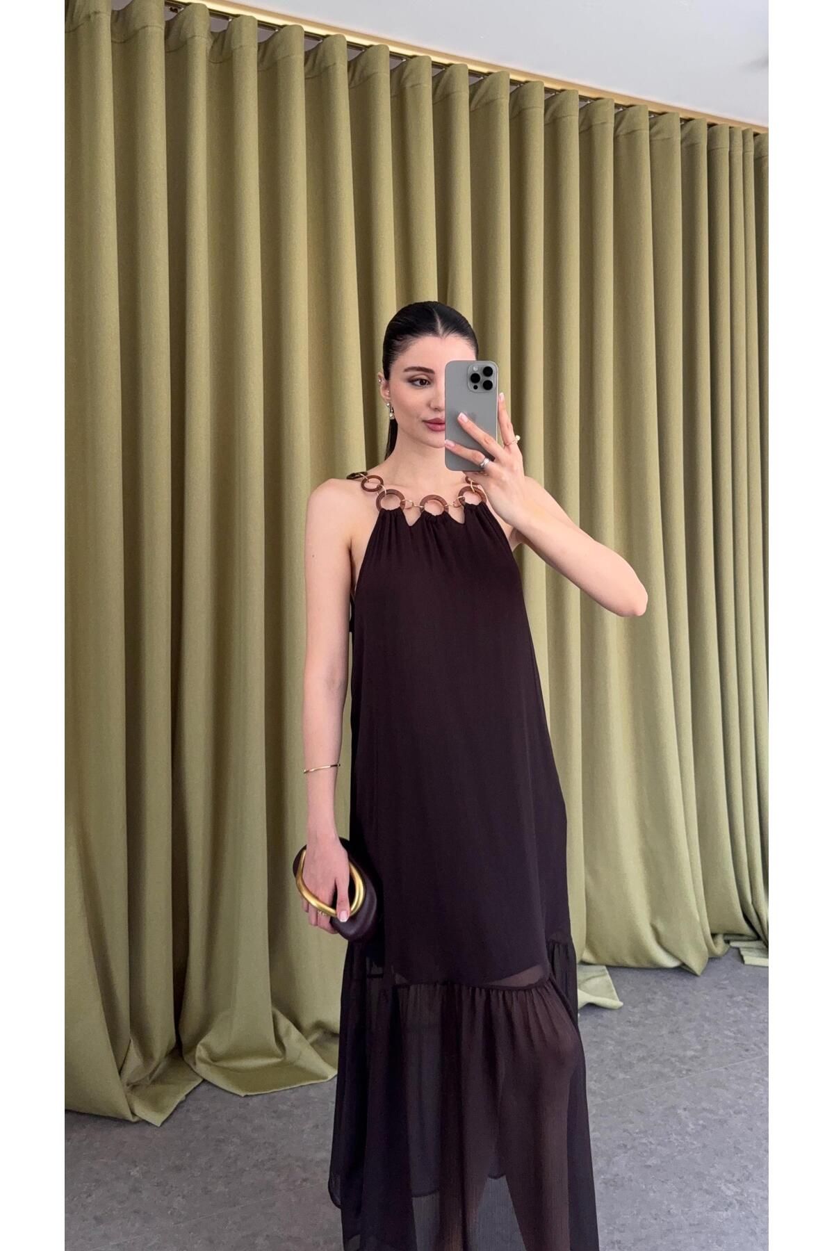 HAZELANNA Halkalı Halter Yaka Kahverengi Elbise
