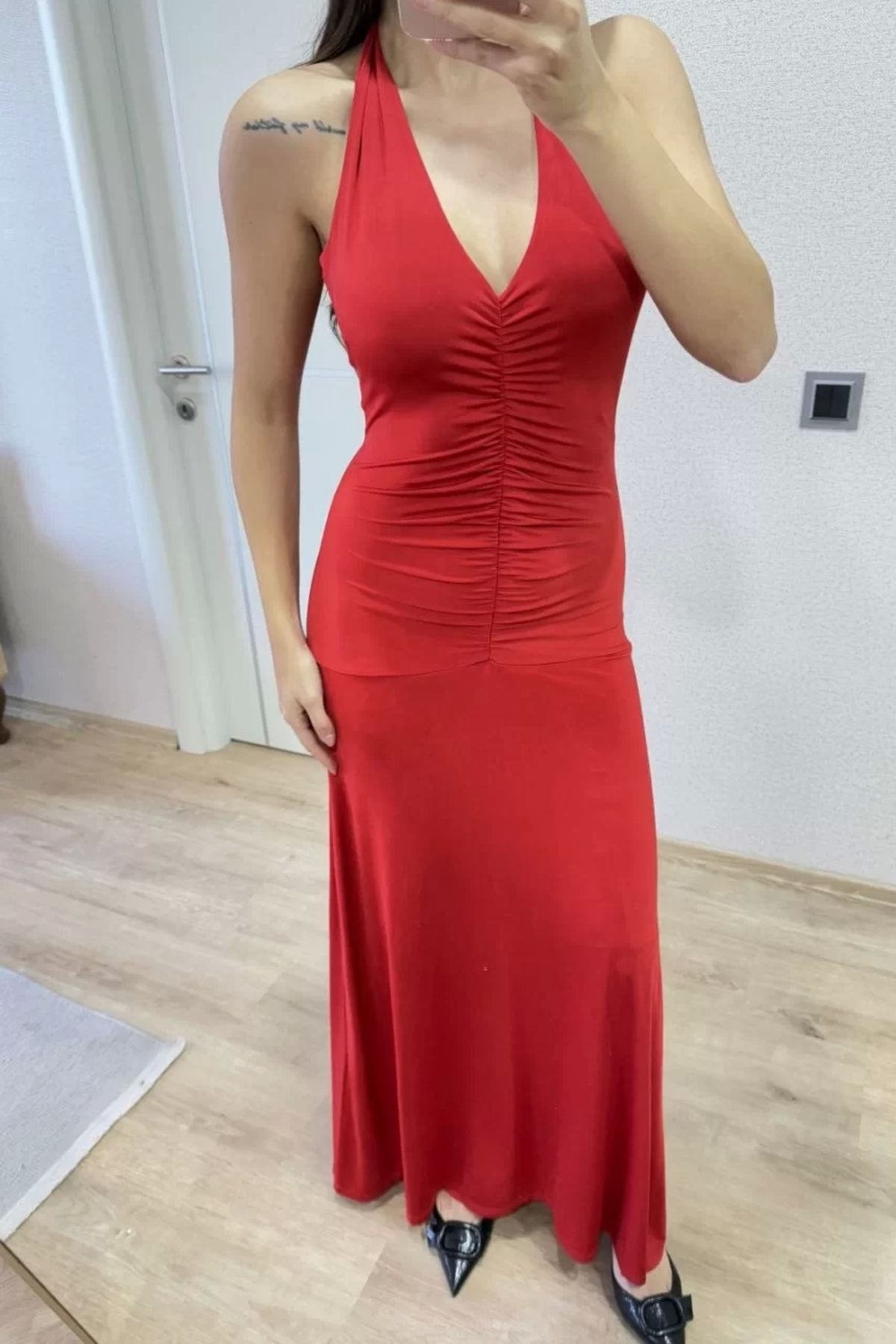 MODA CS Sırt dekolteli Uzun Kollu Elbise - Kırmızı