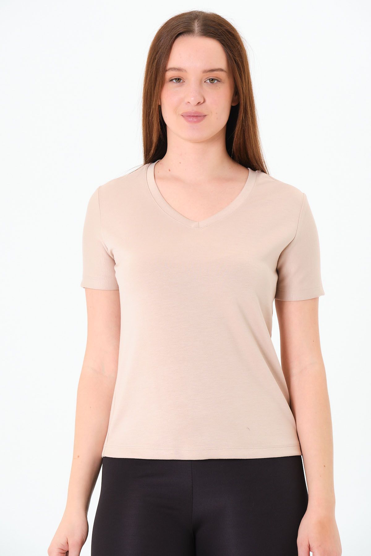 Sortie Collection Kadın V Yaka Modal Kumaş Bej Tişört T-Shirt Rahat Kalıp