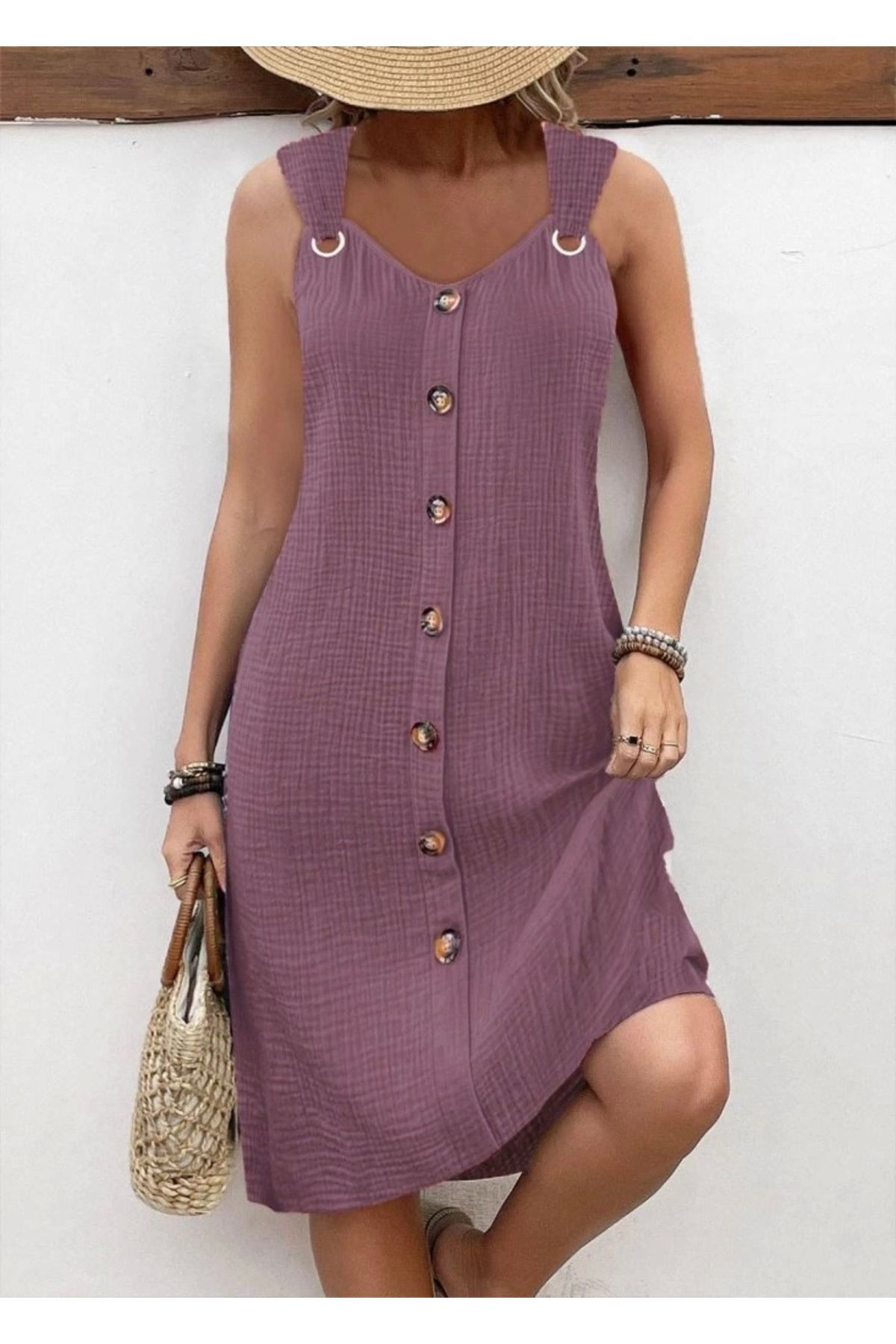Butik Kadın Askılı V Yakalı önden Düğmeli Narin Elbise