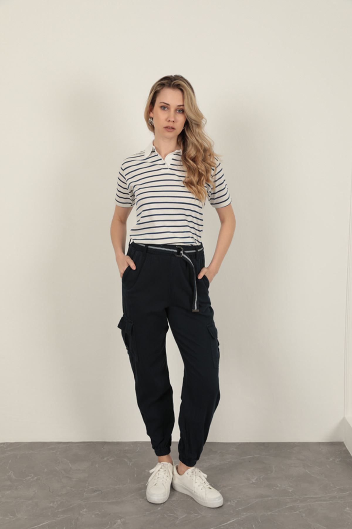 devrialemshoes Gabardin Kumaş Kemerli Kargo Kadın Pantolon-Lacivert