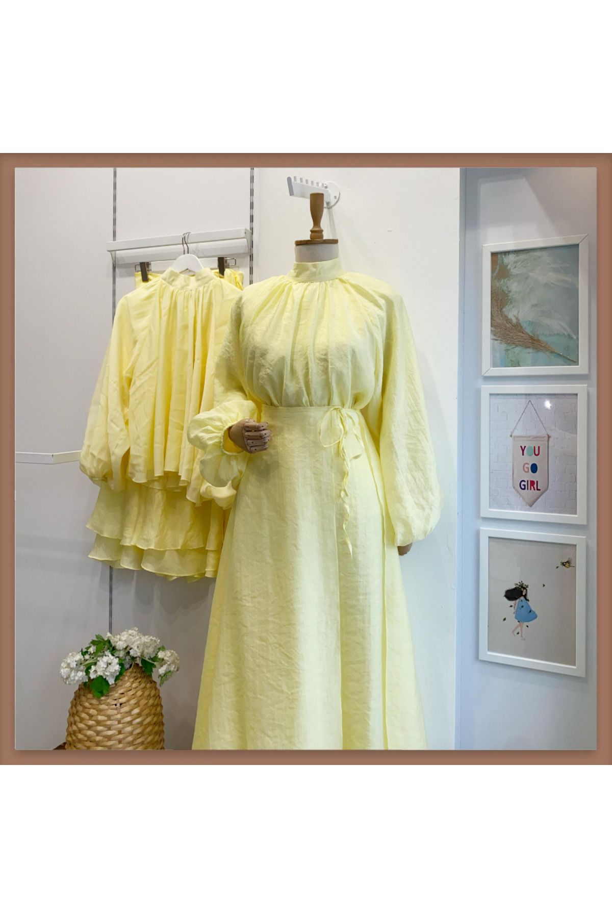 Faya Boutique Dalgalı Şifon Kumaş Sarı Balon Kol Takım
