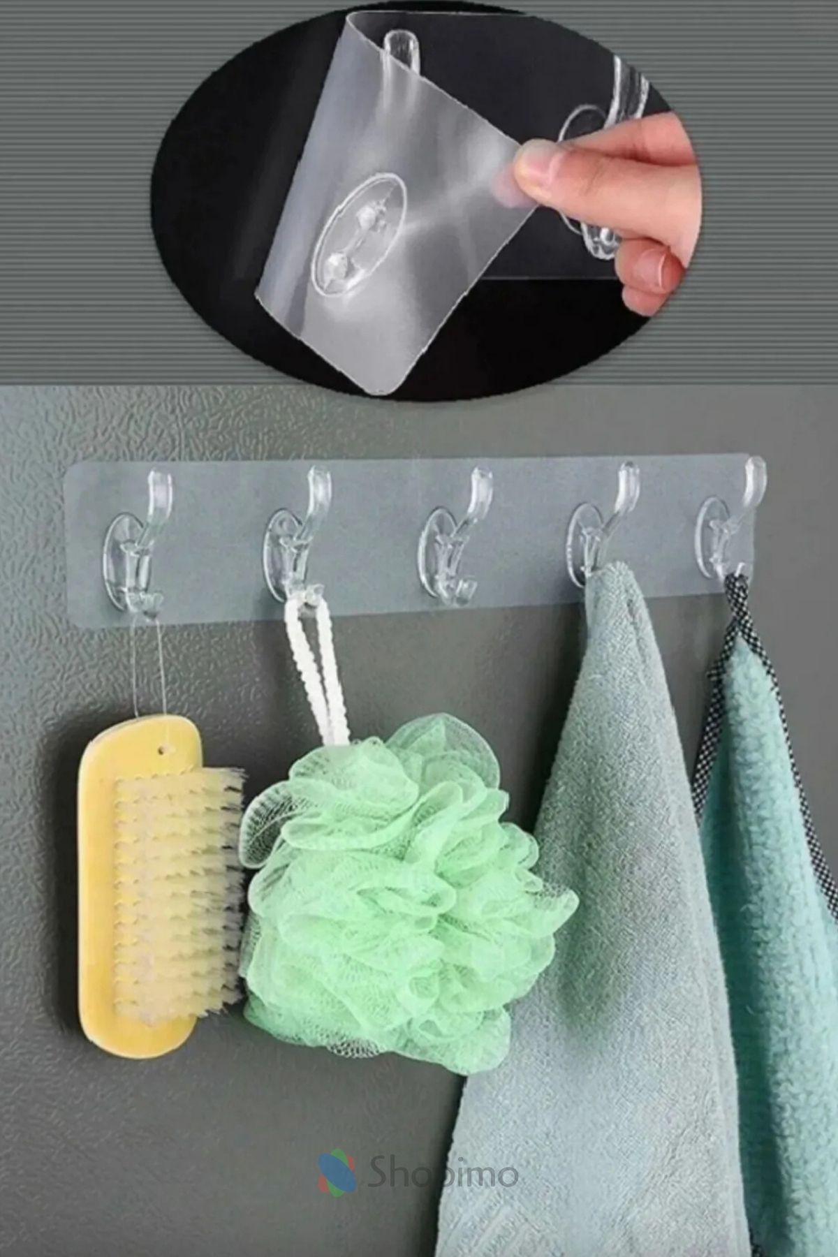 Shopimo 5 Kancalı Kendinden Yapışkanlı Güçlü Şeffaf Askılık - Kapı Arkası Mutfak Duvar Banyo Askı