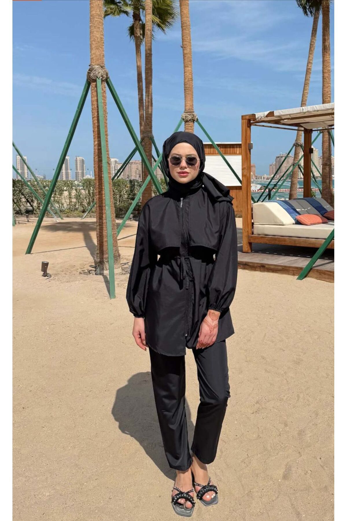 iqbbalco 3'lü Rüzgarlıklı Tesettür Mayo Siyah