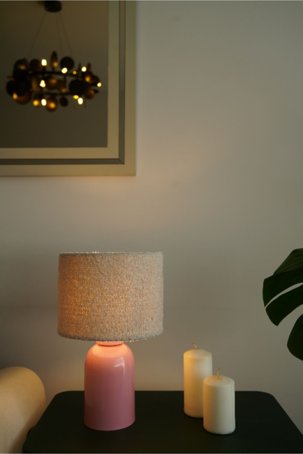 retro home design Pembe Ayaklı Bej Dokuma Kumaş Şapkalı Şık Yatak Odası Salon Abajur Özel Modern
