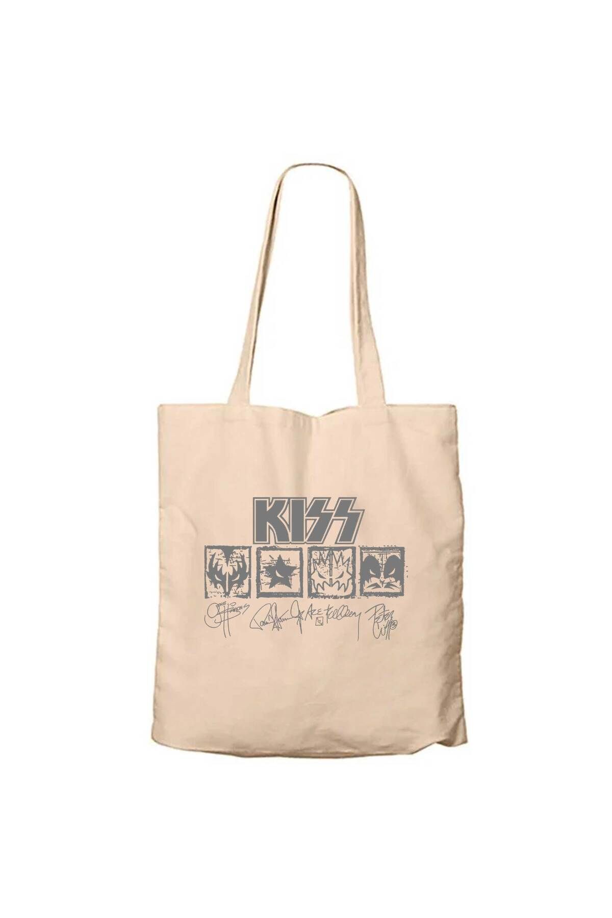 Z zepplin Kiss Logolar Ve İmza Krem Kanvas Bez Çanta