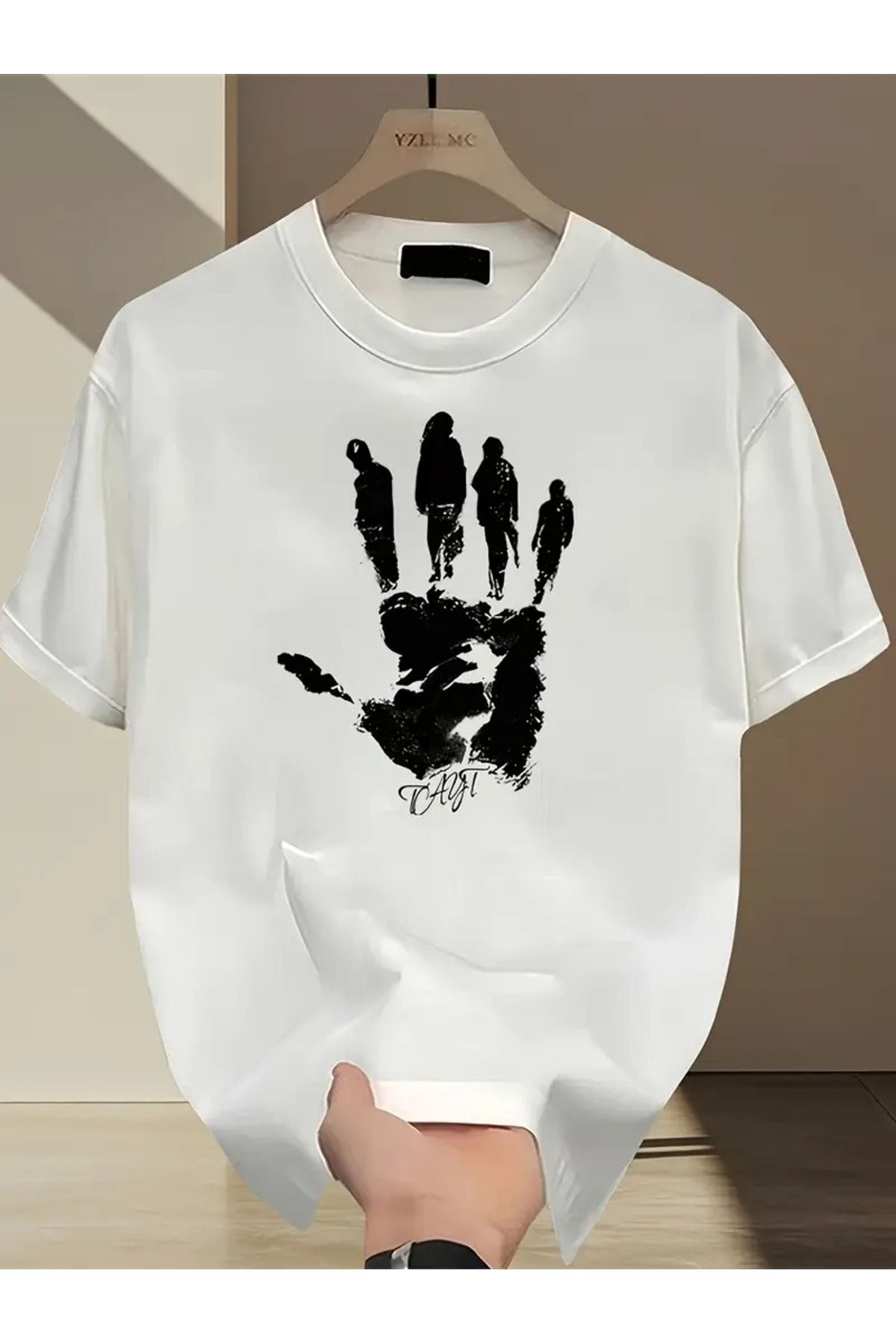 LAND MODA Erkekler için Ağır Pamuklu T-Shirt, El İzi Tasarımı - Rahat Yaz Kısa Kollu, Yuvarlak Yaka,