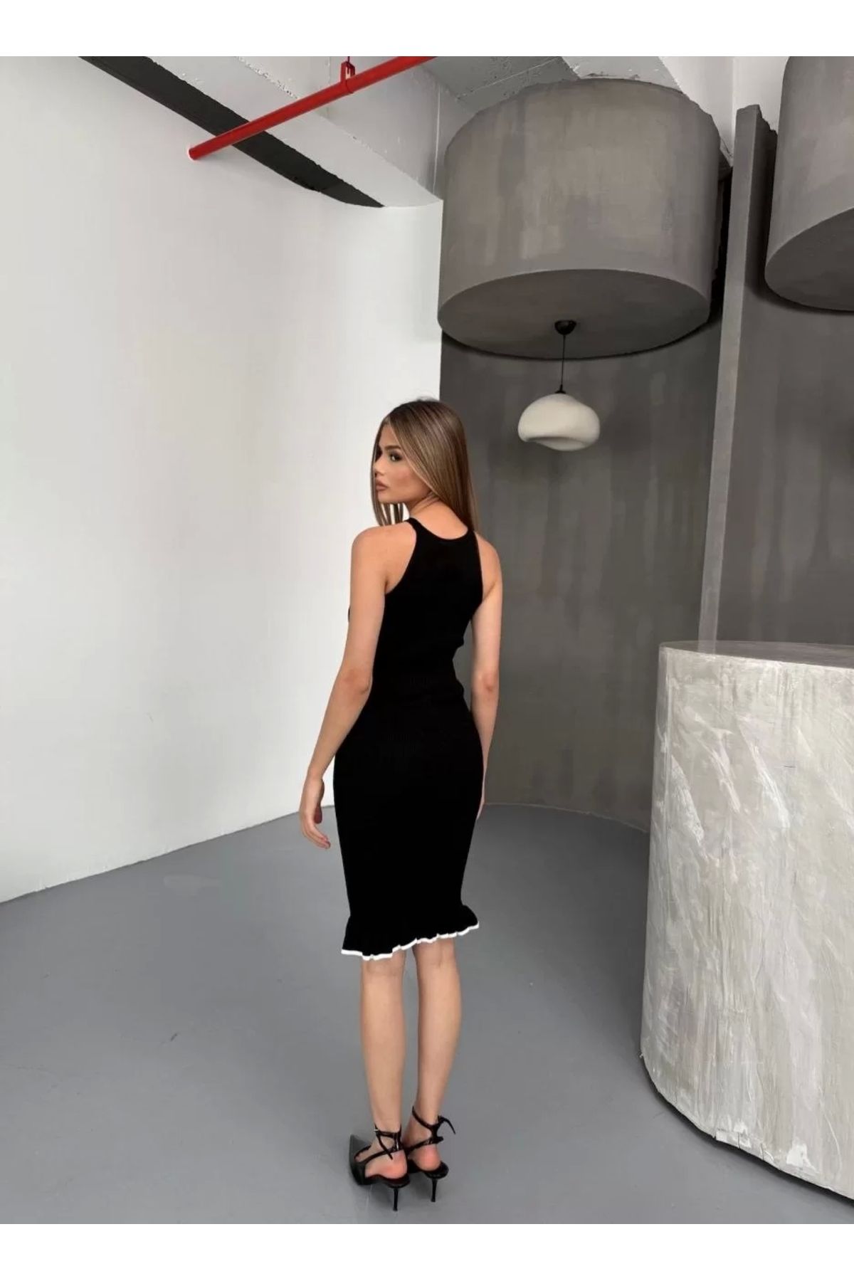 MODA CS Fırfır Detaylı Triko Elbise- Siyah