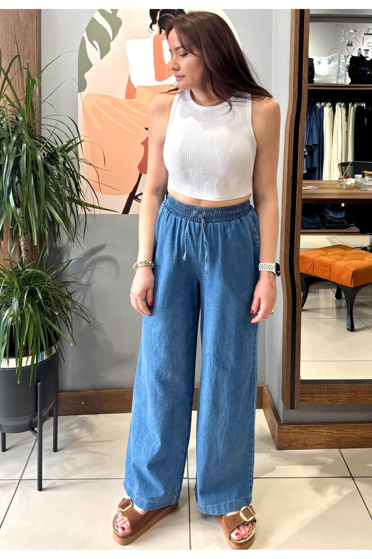 ARZU ÖZEL MODA ATÖLYESİ Beli Lastikli & Bağcıklı Yazlık İnce Kot Pantolon