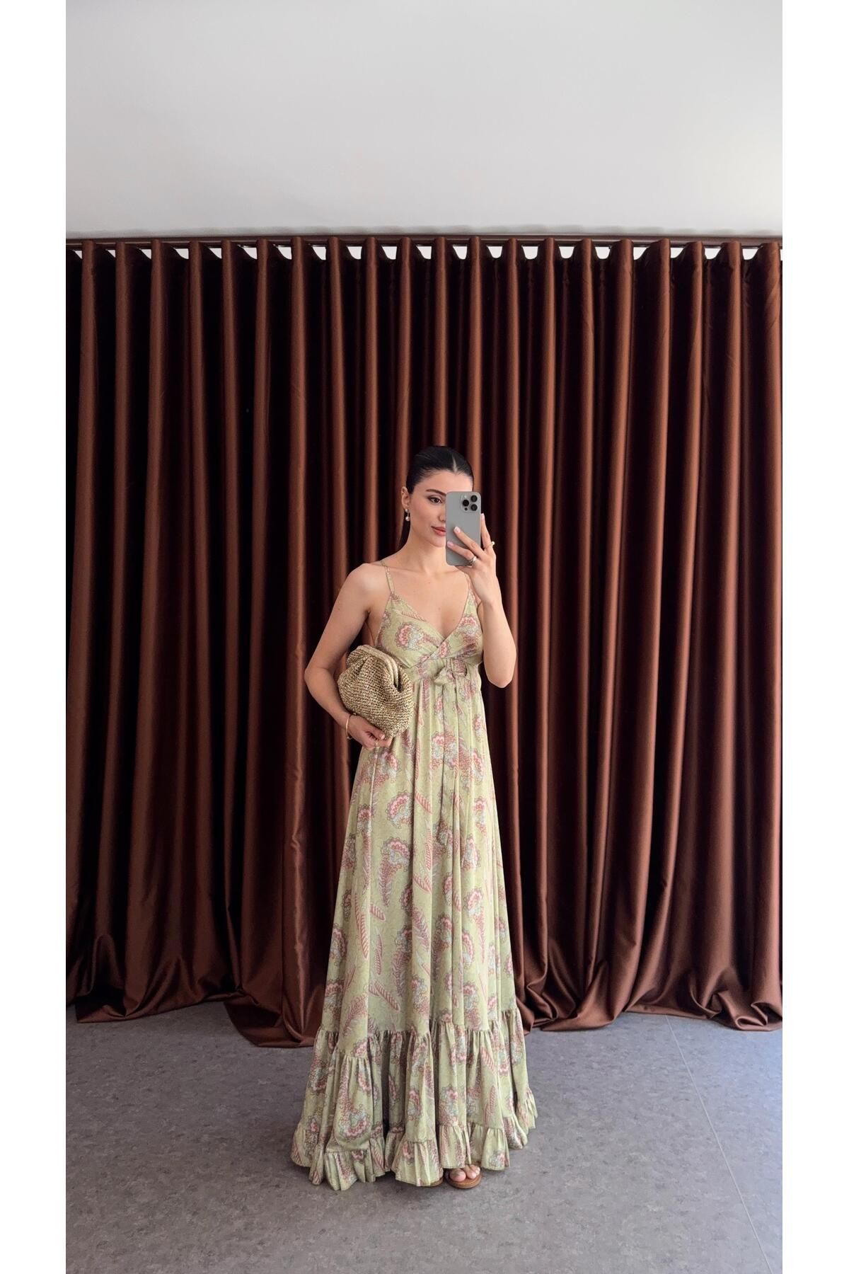 HAZELANNA Şal Desen Saten Maxi Elbise