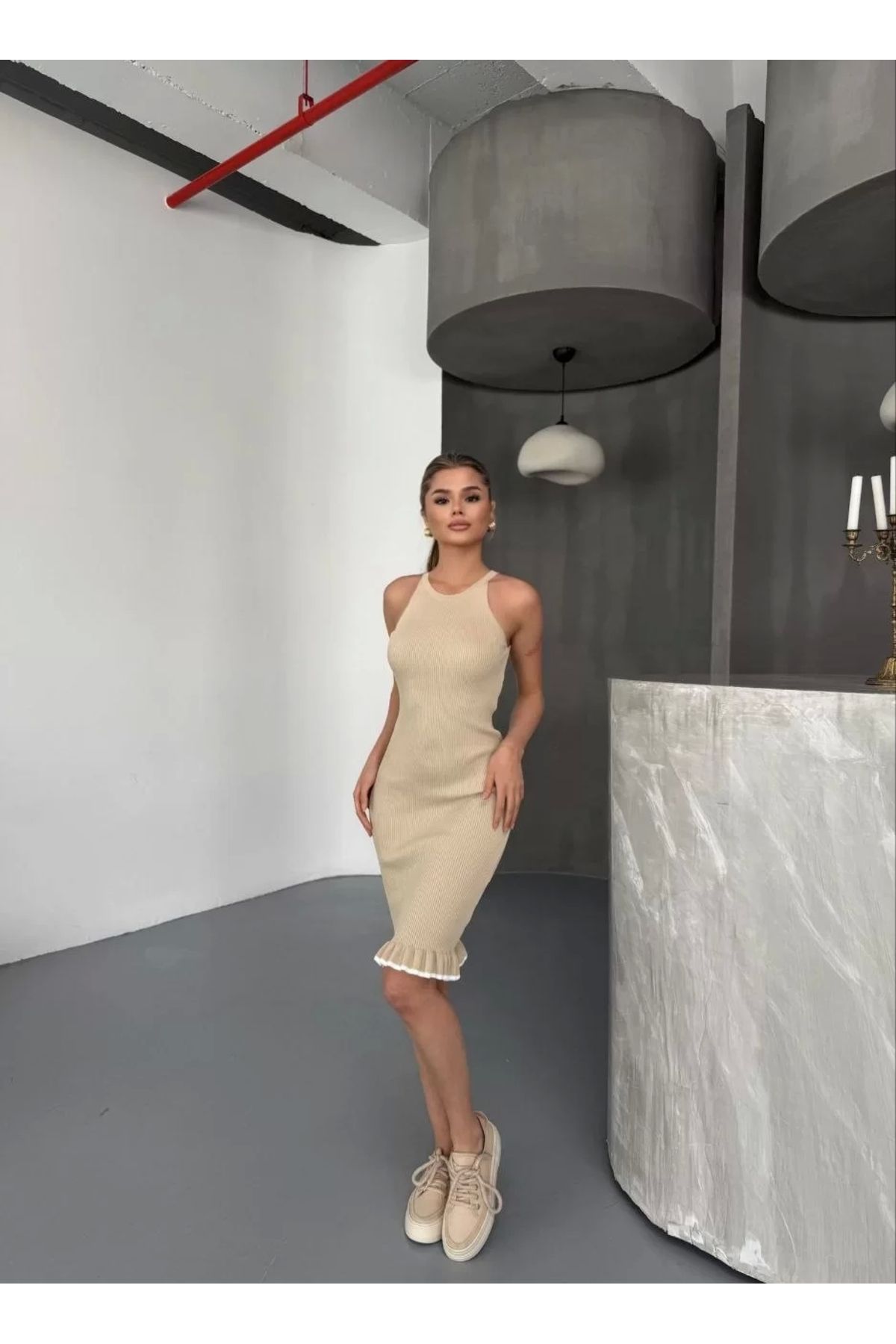 MODA CS Fırfır Detaylı Triko Elbise- Bej