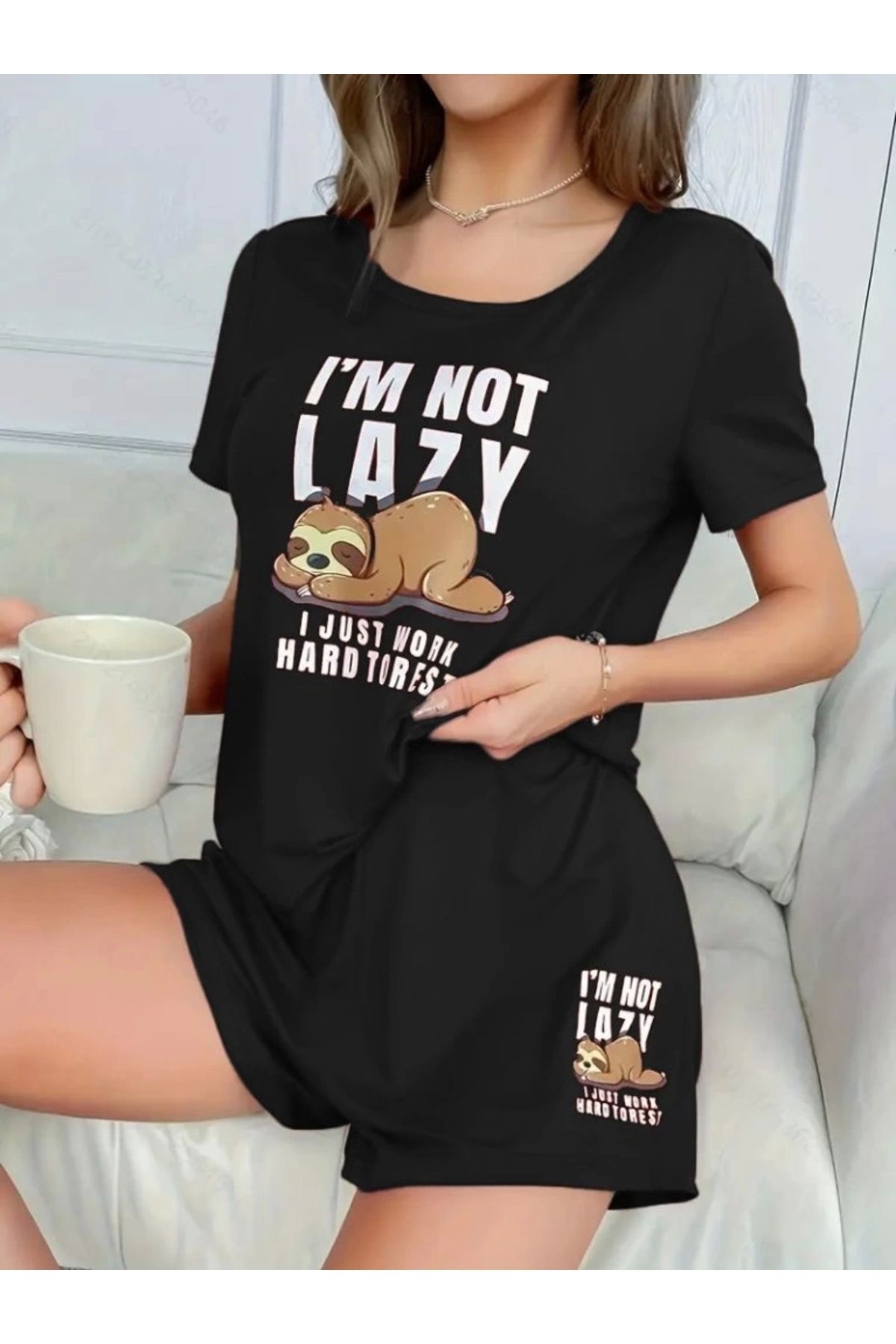 Butik Kadın Kısa Kollu Bisiklet Yaka Baskılı Viskon Bluz Ve şort Ikili Takım