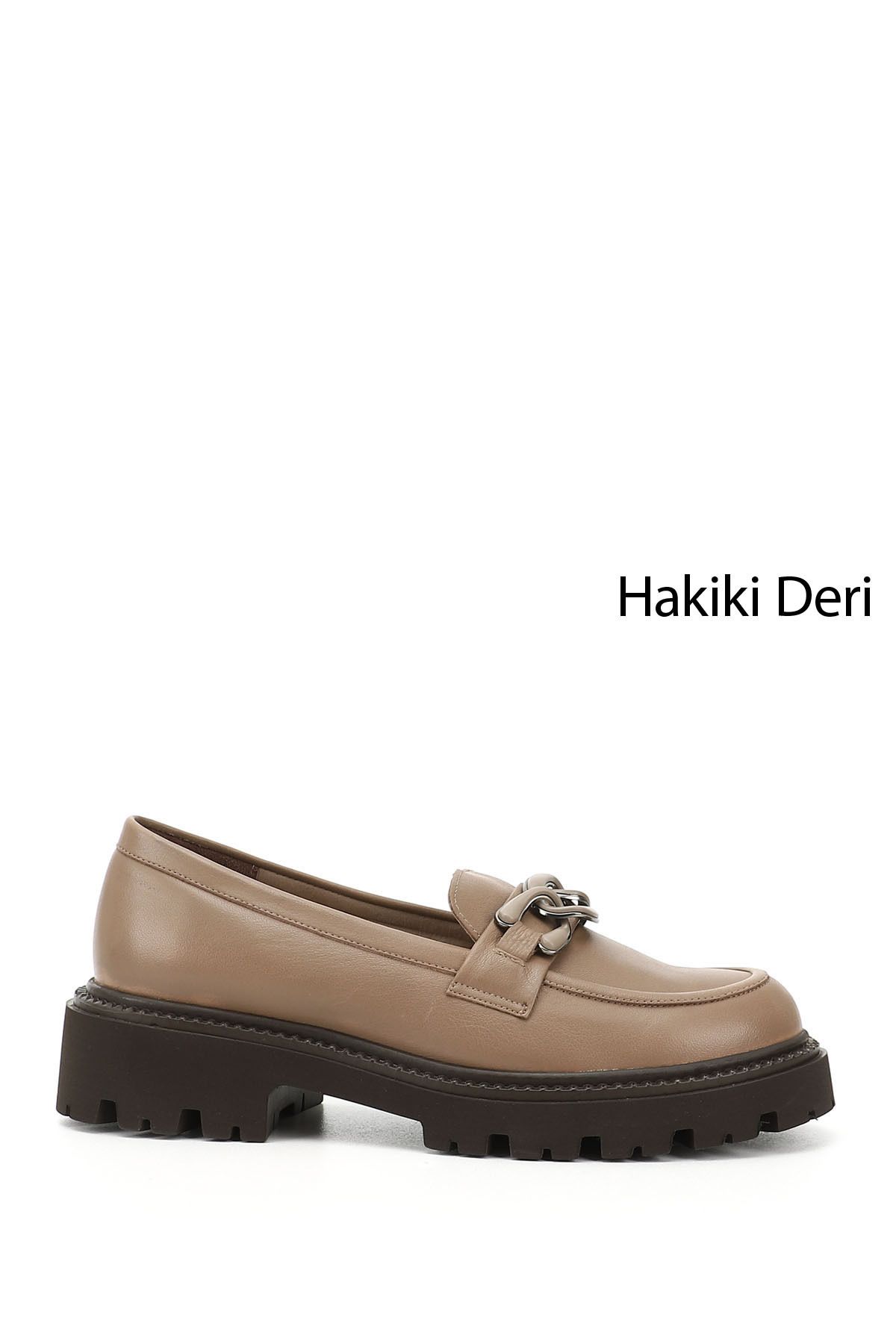 GÖNDERİ(R) Kadın / Kız Vizon Antik Kalın Topuklu Tokalı Hakiki Deri Loafer Ayakkabı