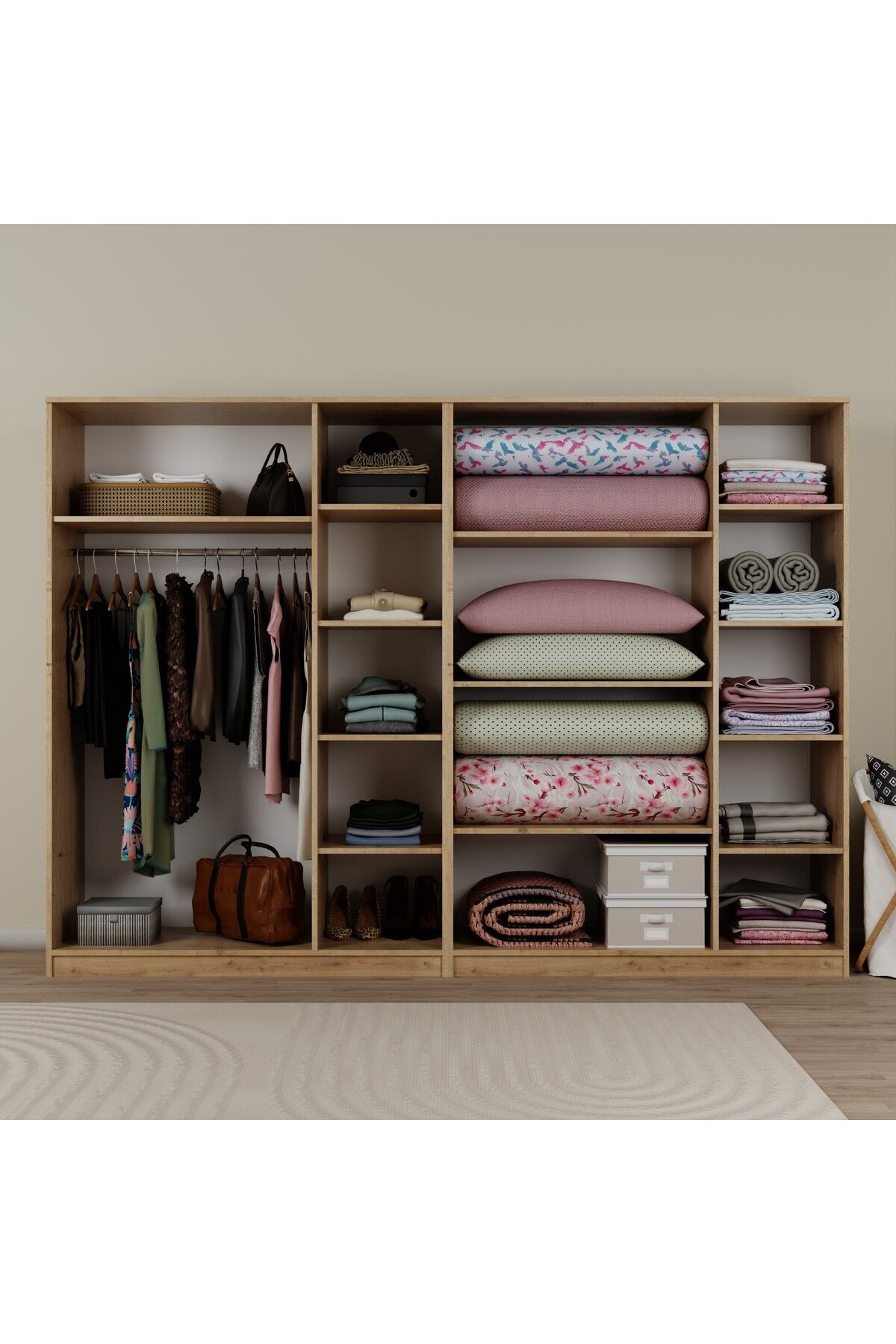 midoser Lucas 6 Kapaklı,15 Raf Bölmeli Yüklük & Askılıklı Geniş Elbise Dolabı-Gardırop Safir Meşe 190x270 cm