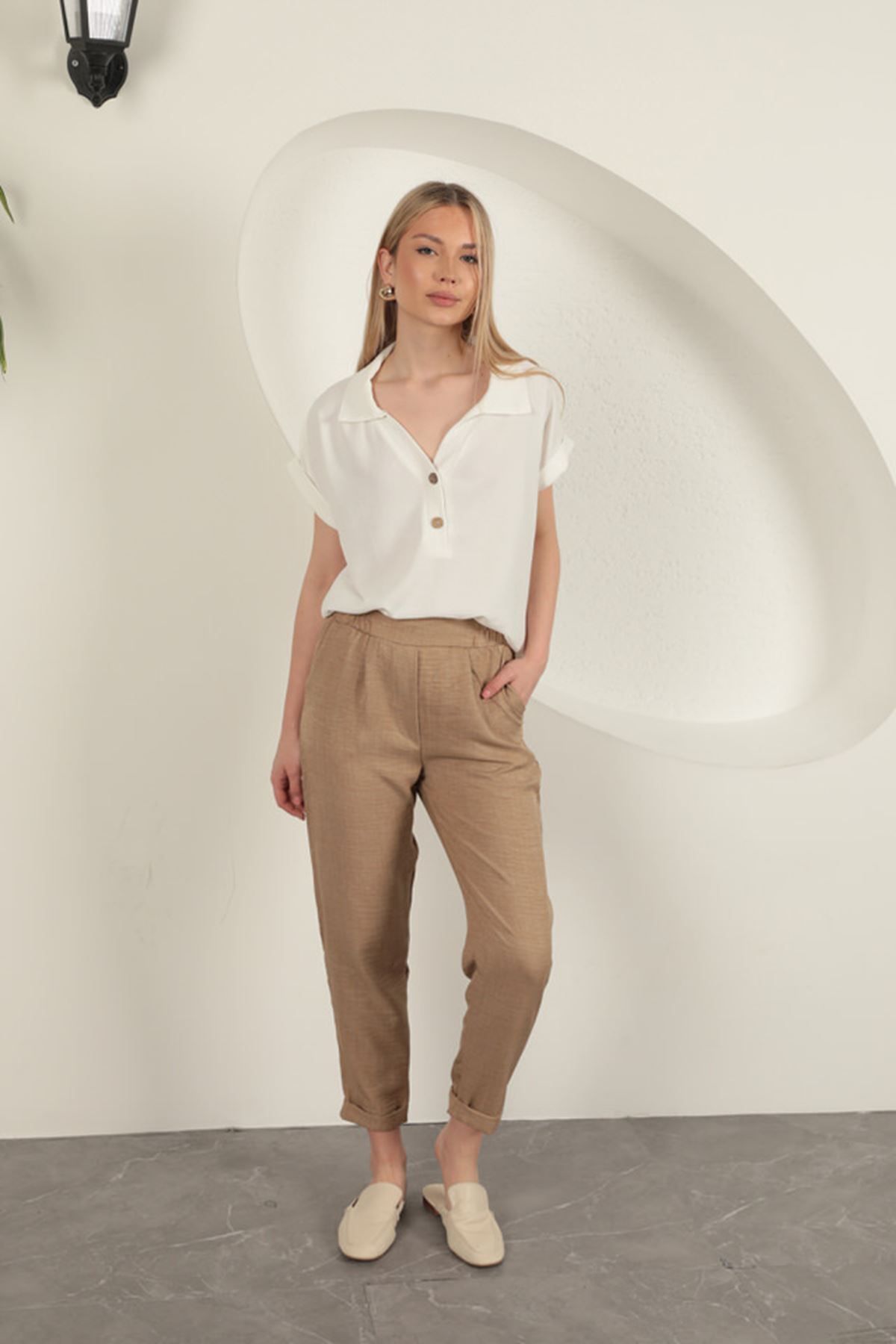 devrialemshoes Sofia Keten Duble Paça Kadın Pantolon-Taba
