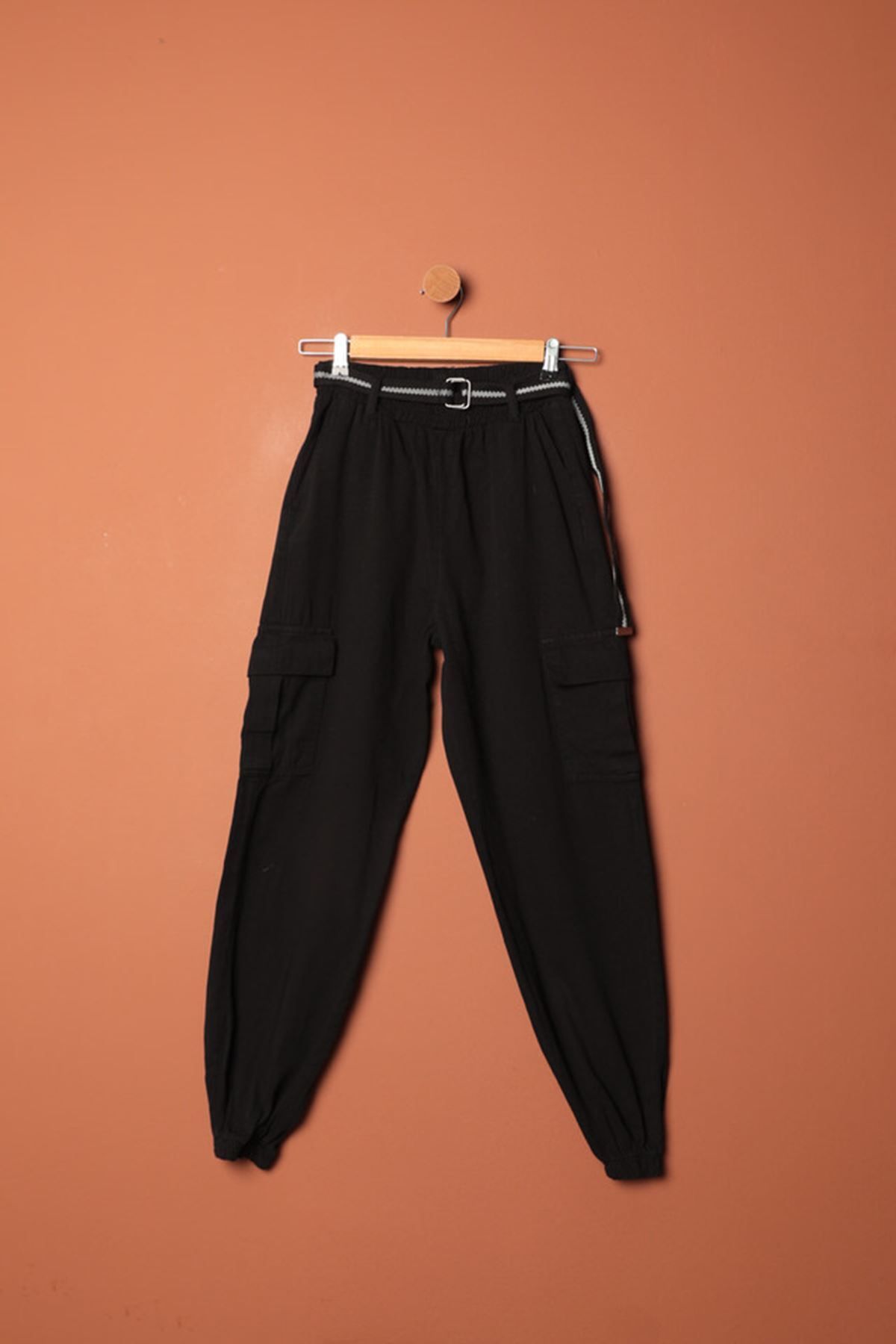 devrialemshoes Gabardin Kumaş Kemerli Kargo Kadın Pantolon-Siyah